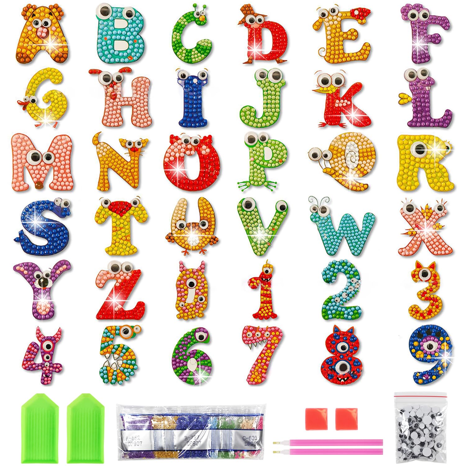 BINYI Diamond Painting Enfant Diy Diamant Painting pour Fille Garçon 5D Diamant Peinture Kit 36 Pcs Peinture Diamant Enfant Lettres Autocollant Avec Strass pour Enfants et Débutants Adultes