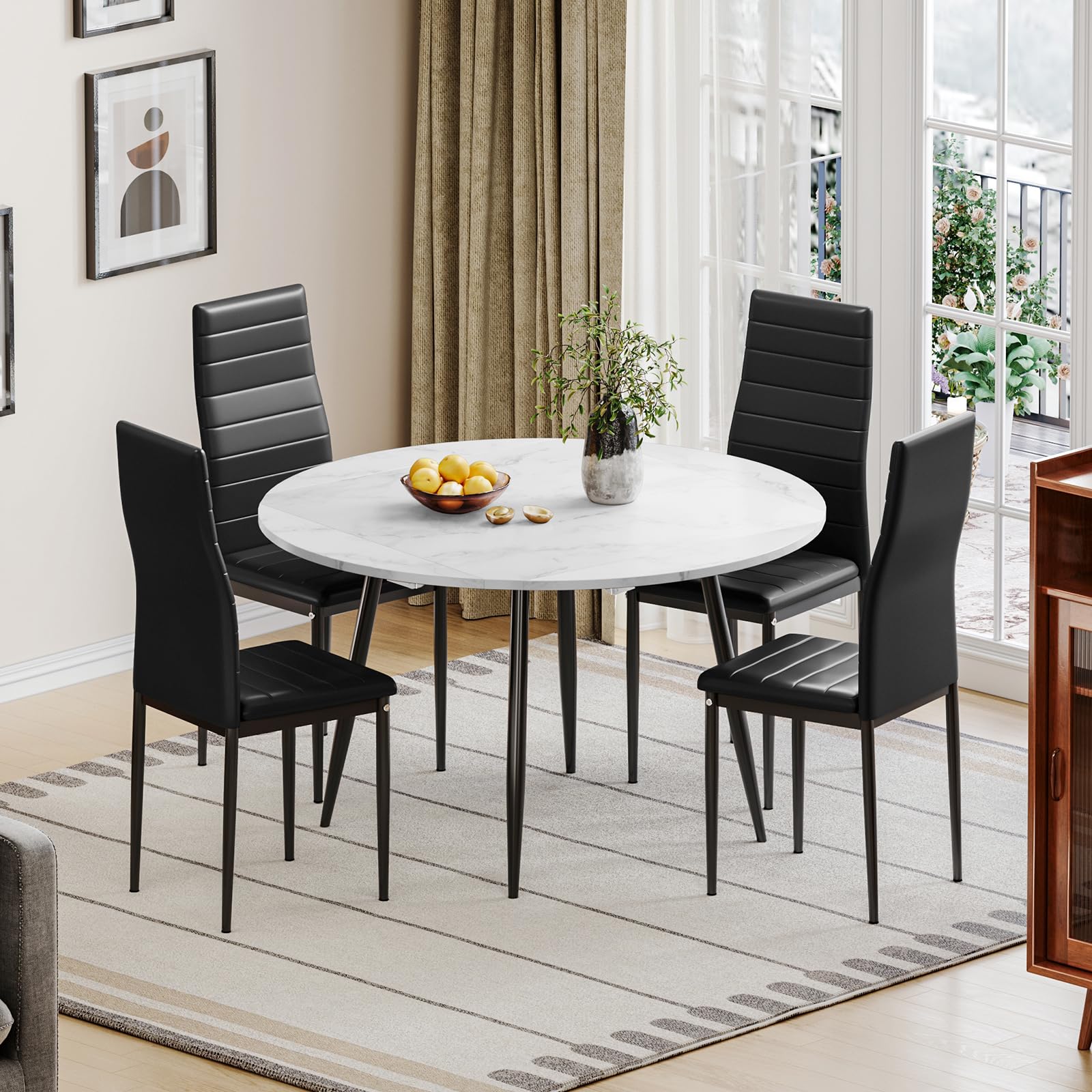 Luxstein Round Dining Table and Chairs Set 4, Drop Leaf Folding Table Set