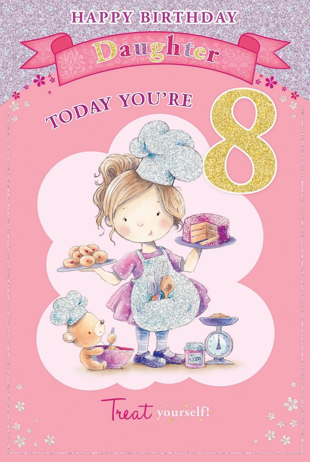 Daughter's 8th Birthday Card - 8 Today Little Girl & Bear Baking 9 x 6