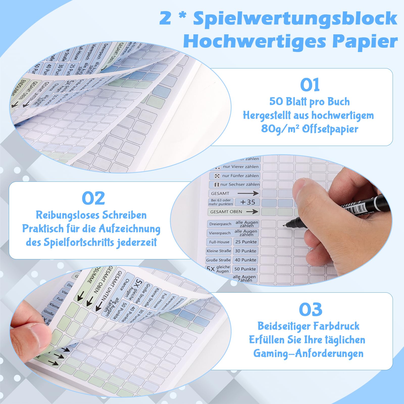 XUWAIDSGN 14 Piece Dice Game Set Poker Dice Set Yahtzee Trickle Set 5 Dice 5 Poker Dice 2 Score Table 2 Game Instructions Winning Cards Game Blocks for Family Game - Image 3