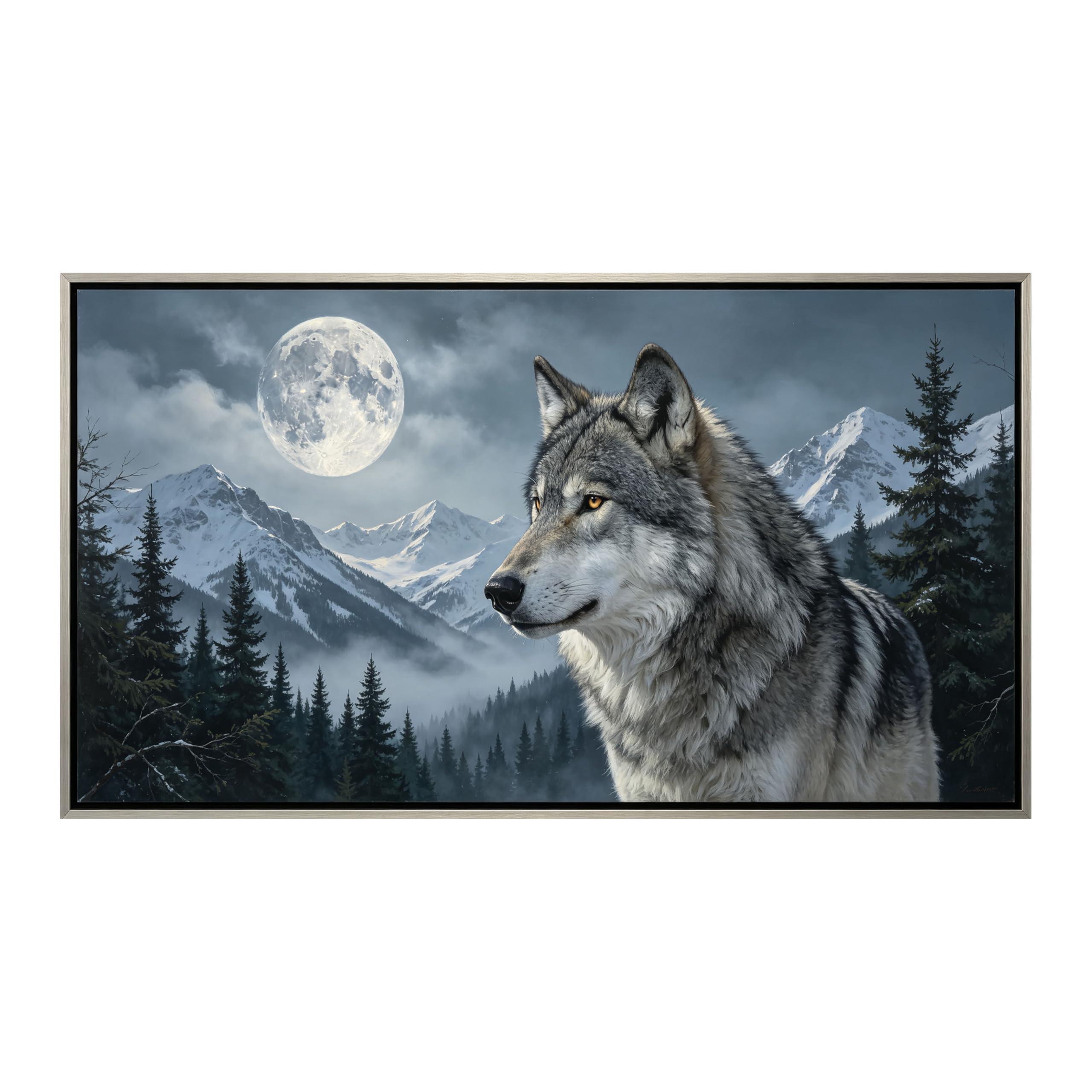 Yzpallescene 3D Framed Wall Art Moonlit Wolf Alpine Wilderness Realistic Large Size SelfAdhesive Removable Wall Decor Prints Artwork for Living Room Bedroom Office