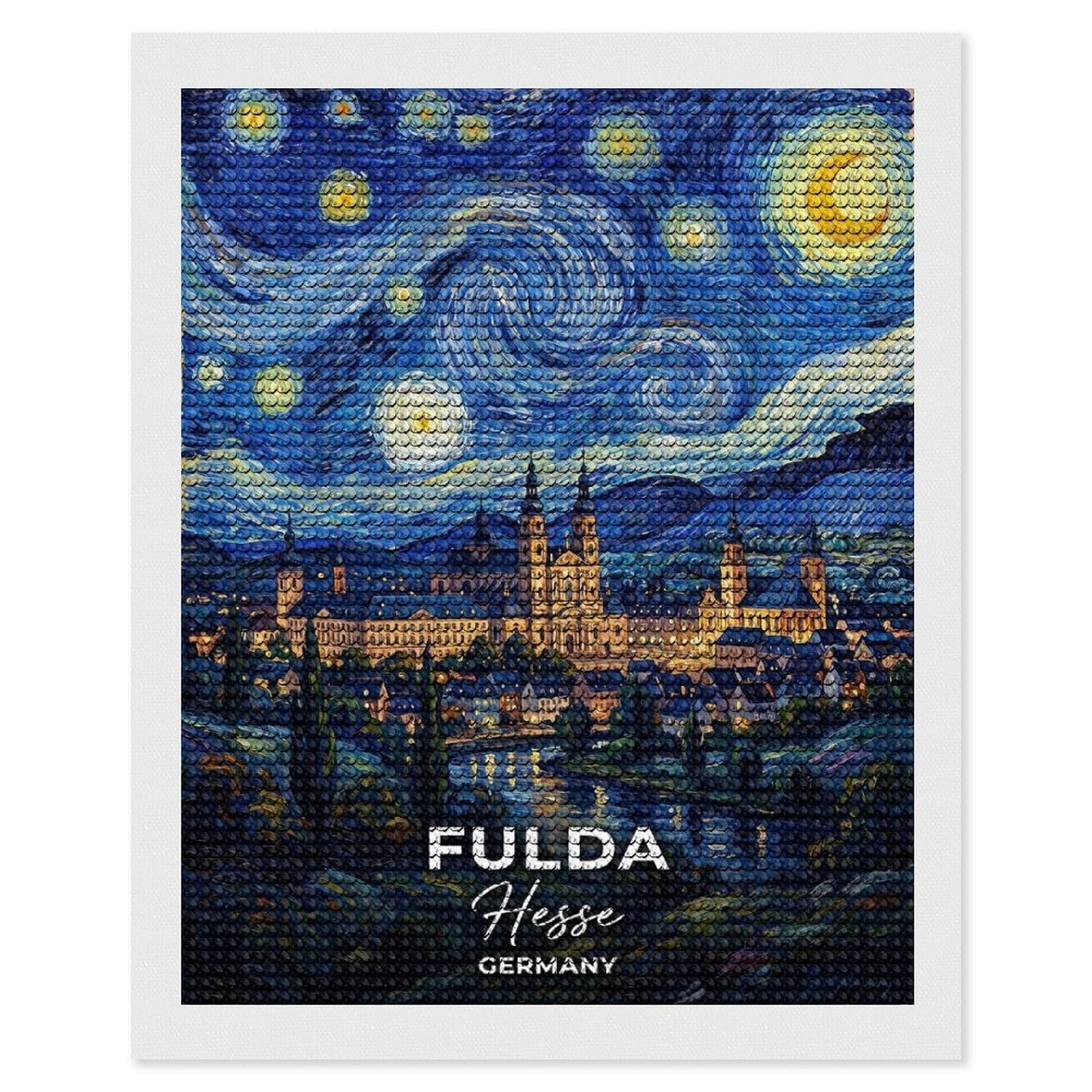 Junmoney Fulda Hesse Germany Starry Night Painting Round Drill Diamond Painting 16"x20", for Adults, Creative Leisure Activity, Office Decor, Holiday Gift Idea