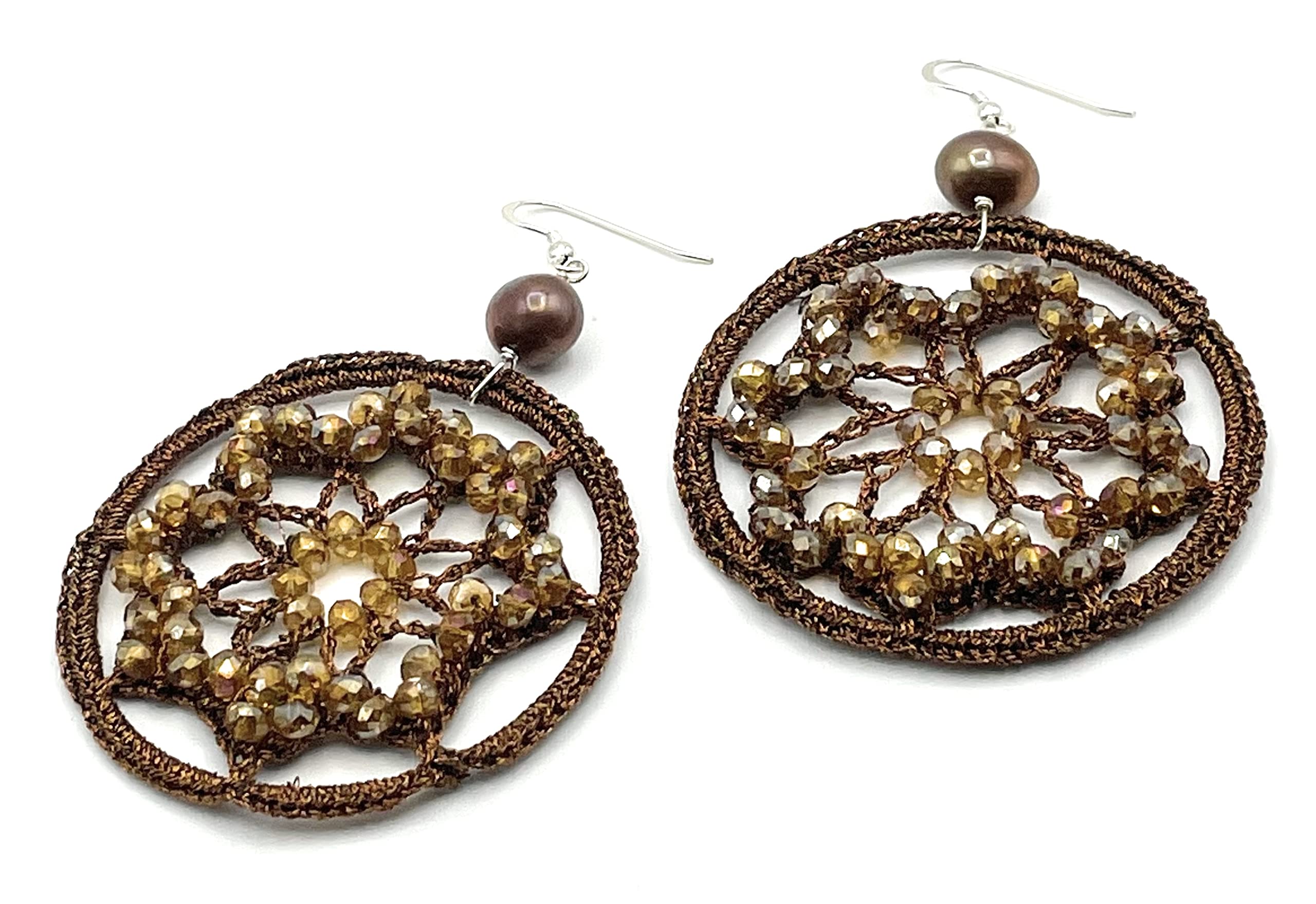 Orecchini Grandi Fiori all'Uncinetto e Perle Marroni, Pendenti in Argento 925, Gioielli Artigianali, Bijoux