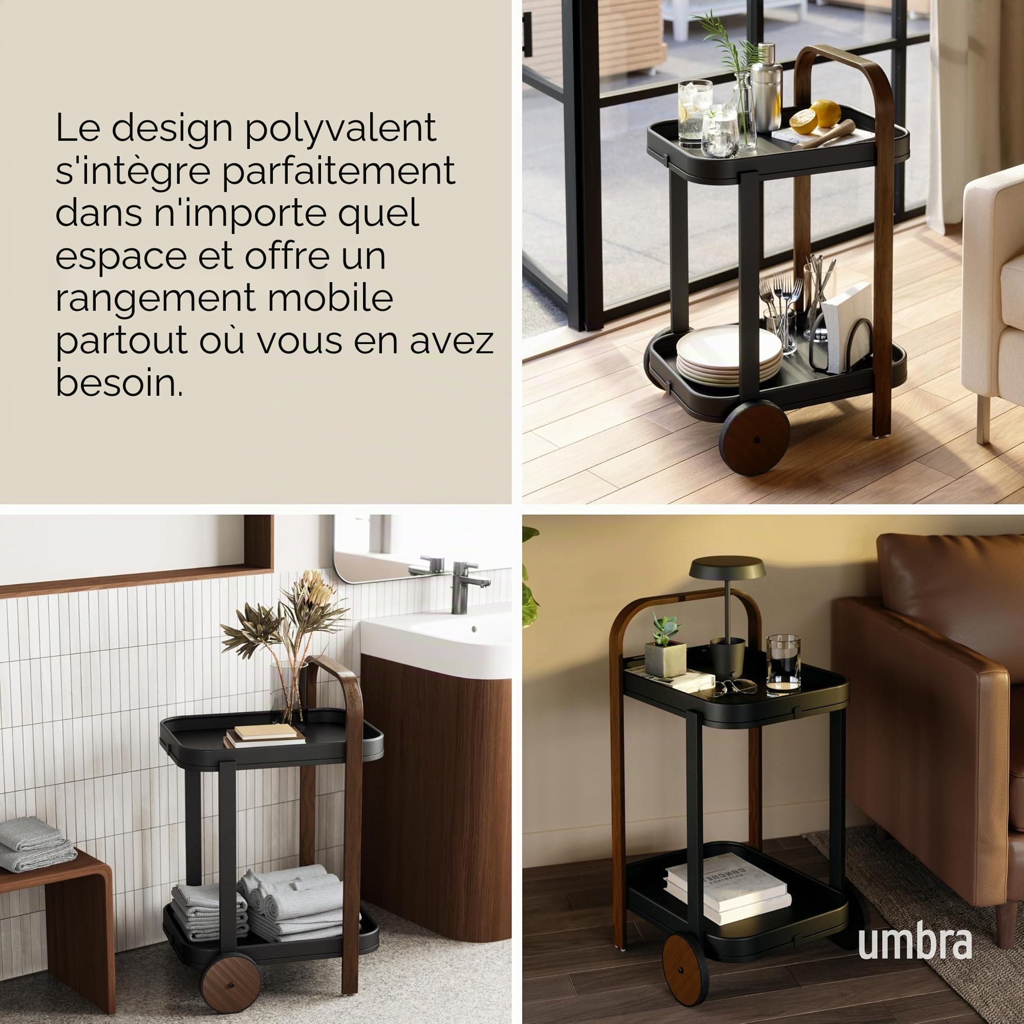 Umbra Bellwood Desserte à roulettes et Table d'appoint avec 2 étages et Plateaux Amovibles, Noir/Noyer