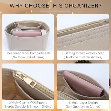 Purse Organizer Insert for Longchamp Le Pliage Mini Handbag,Premium Felt Lightweight Zipper Long Champ Energy XS Bag Insert,Bags Storage Divider with Upgraded Deepened Compartments,XS/Beige