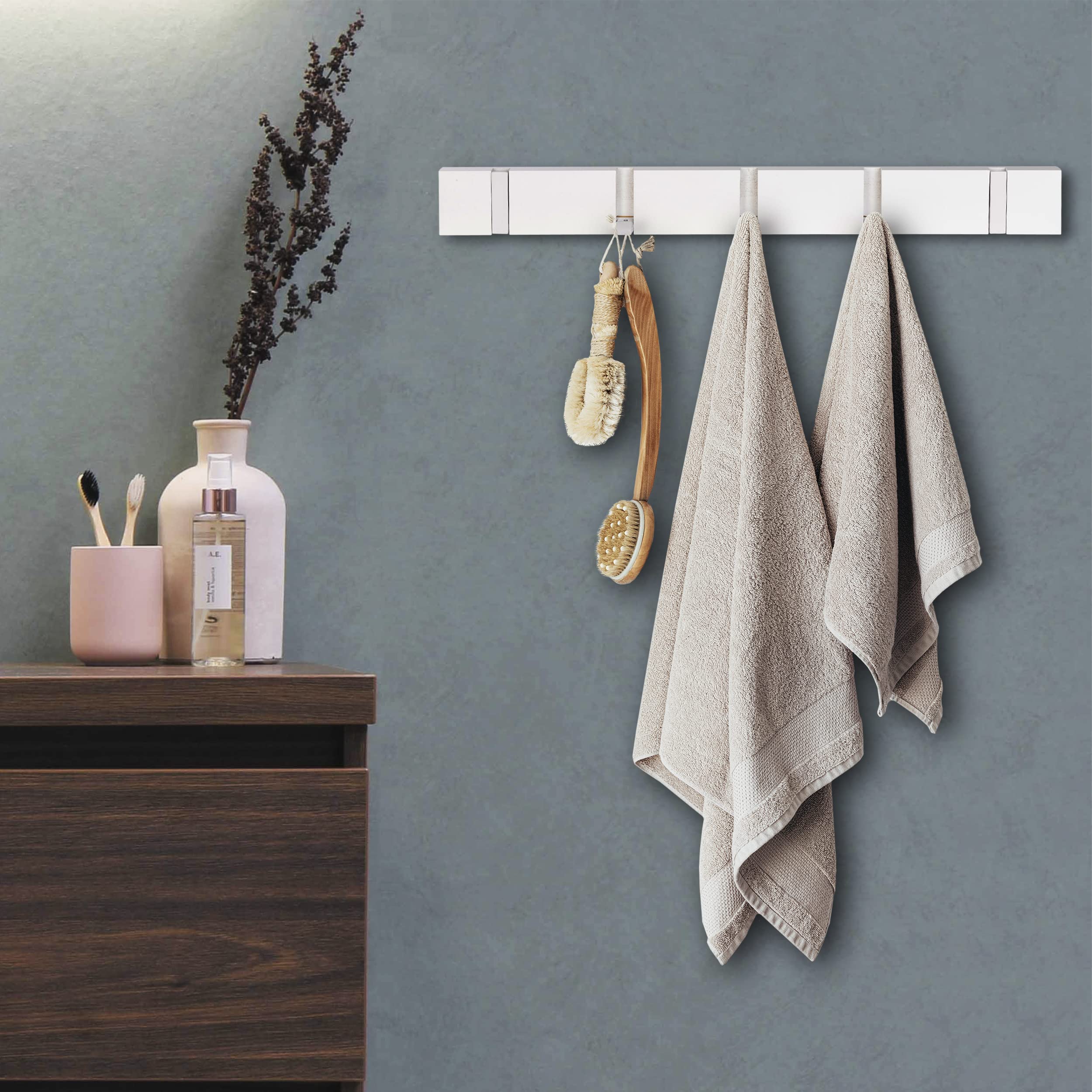ONVAYA® Perchero | Blanco | Perchero de pared de diseño moderno | Perchero de madera de bambú | Perchero para ropa desplegable | Barra de ganchos | Perchero