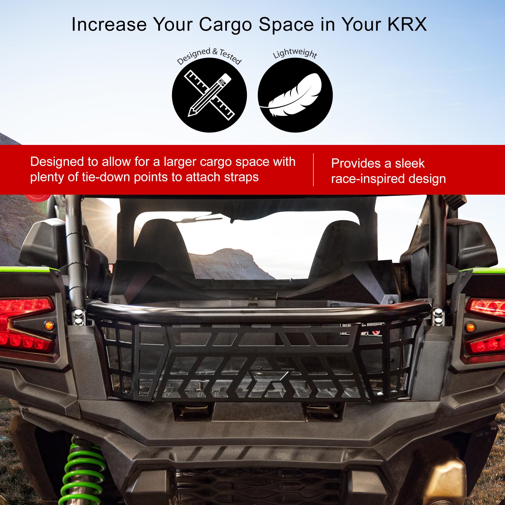 Tusk Cargo Barricade Black Powder Coated Cargo Bed Extender Compatible with Kawasaki Teryx KRX 1000 2020-2025/KRX4 1000 2023-2025