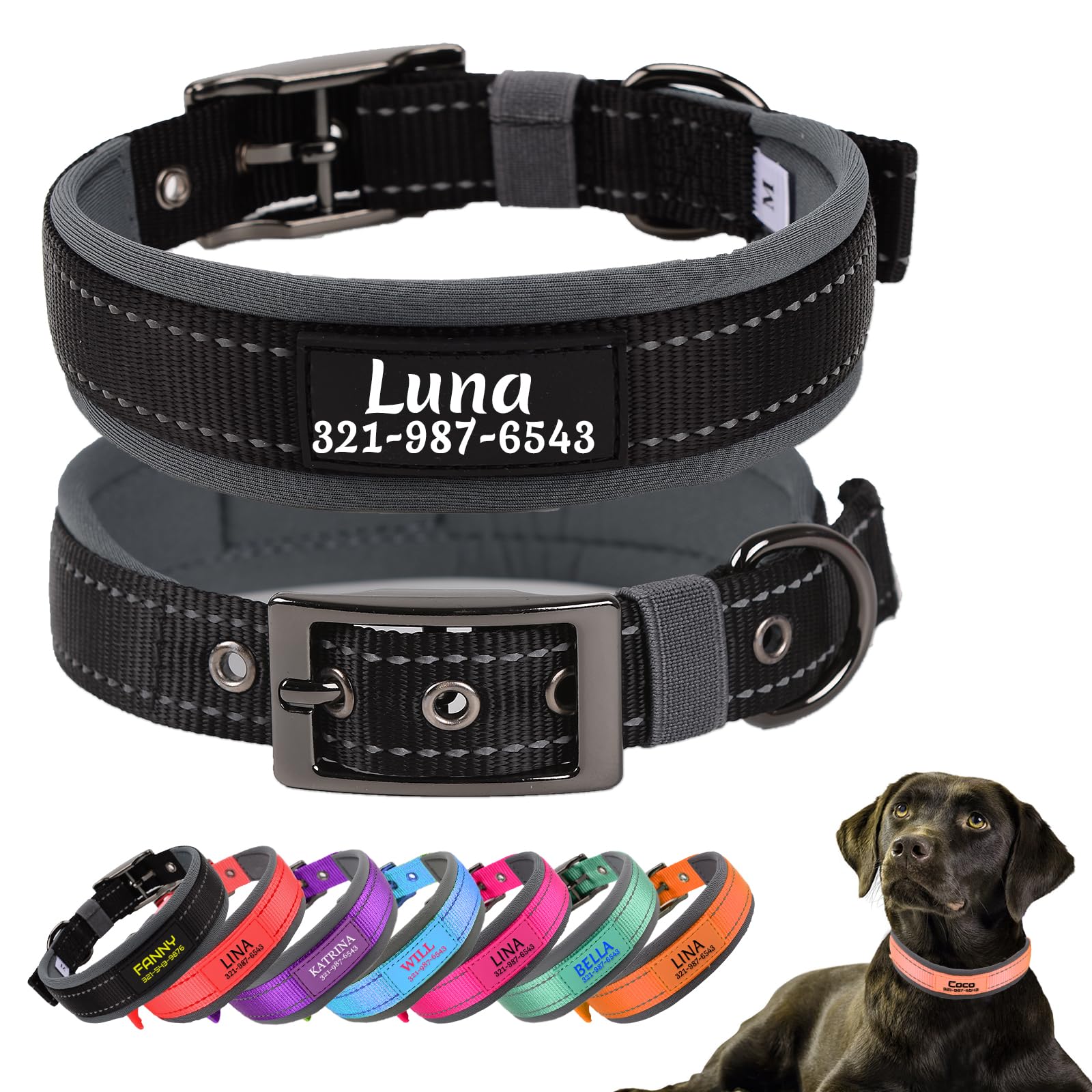 GIVEUBED Personalized Dog Collars with Pet Name and Phone Number,Soft Neoprene Padded,Thick Strong Dog Collar,Adjustable Reflective Nylon Collar for