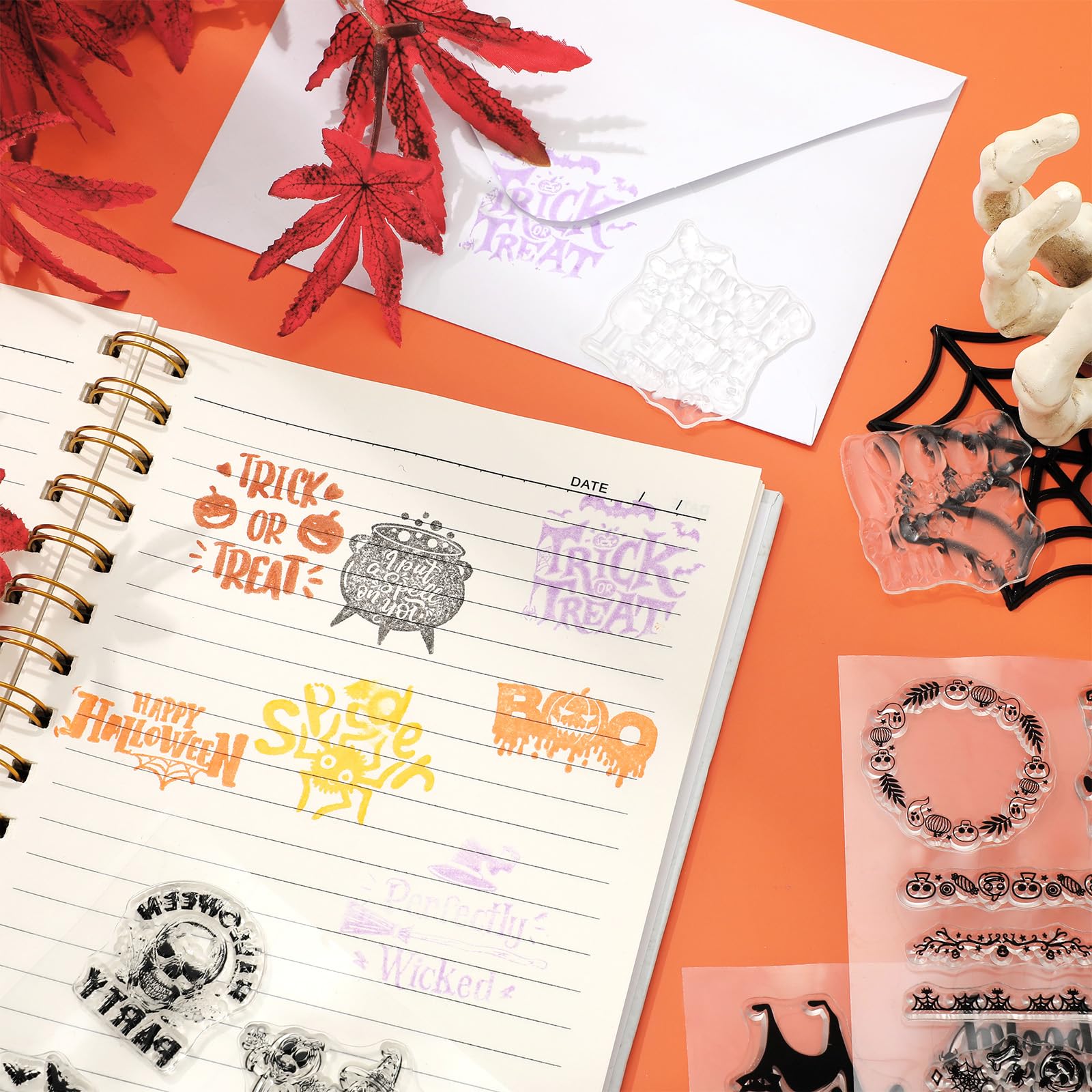 Whaline 5 Blatt Halloween Clear Stamps Gnom Kürbis Spinne Silikon Transparent Stempel Trick or Treat Border Stempel Karten für DIY Kartenherstellung Scrapbooking Prägung Album Dekor