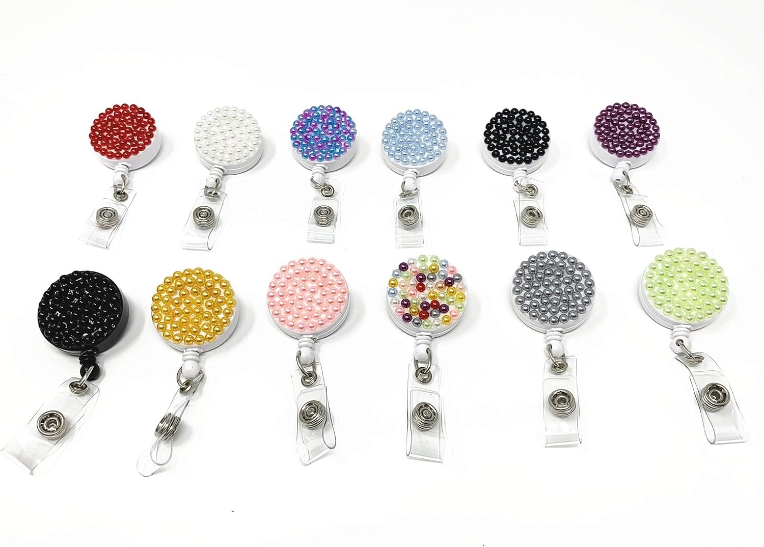 Pearl Badge Retractable Reel ID Badge Holder with Clip and Clear PVC Badge Holder Snap Strap (12 Pcs Pack)