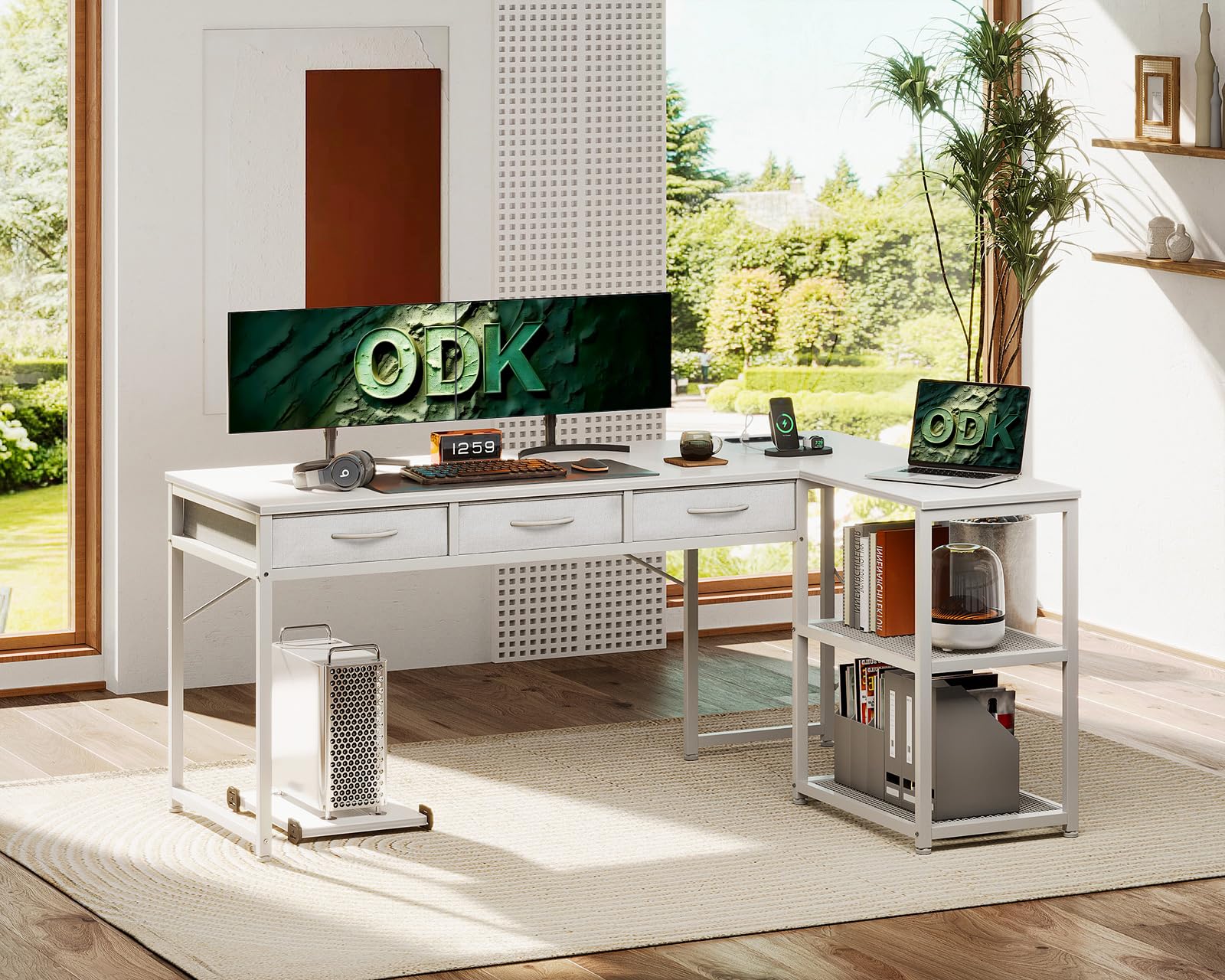 ODK Scrivania con Cassetto Sotto, Scrivania ad L con Multipresa, Scrivania ad Angolo Bianca con Design Reversibile, 155×110cm