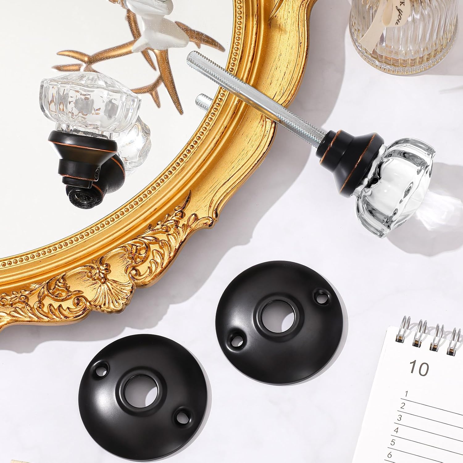 Amylove 1 Set Glass Door Knobs Antique Crystal Door Knobs Vintage Mortise Style Fluted Replacement Kit with 2-1/2 in Satin Brass Privacy for Bedroom Bathroom(Black)