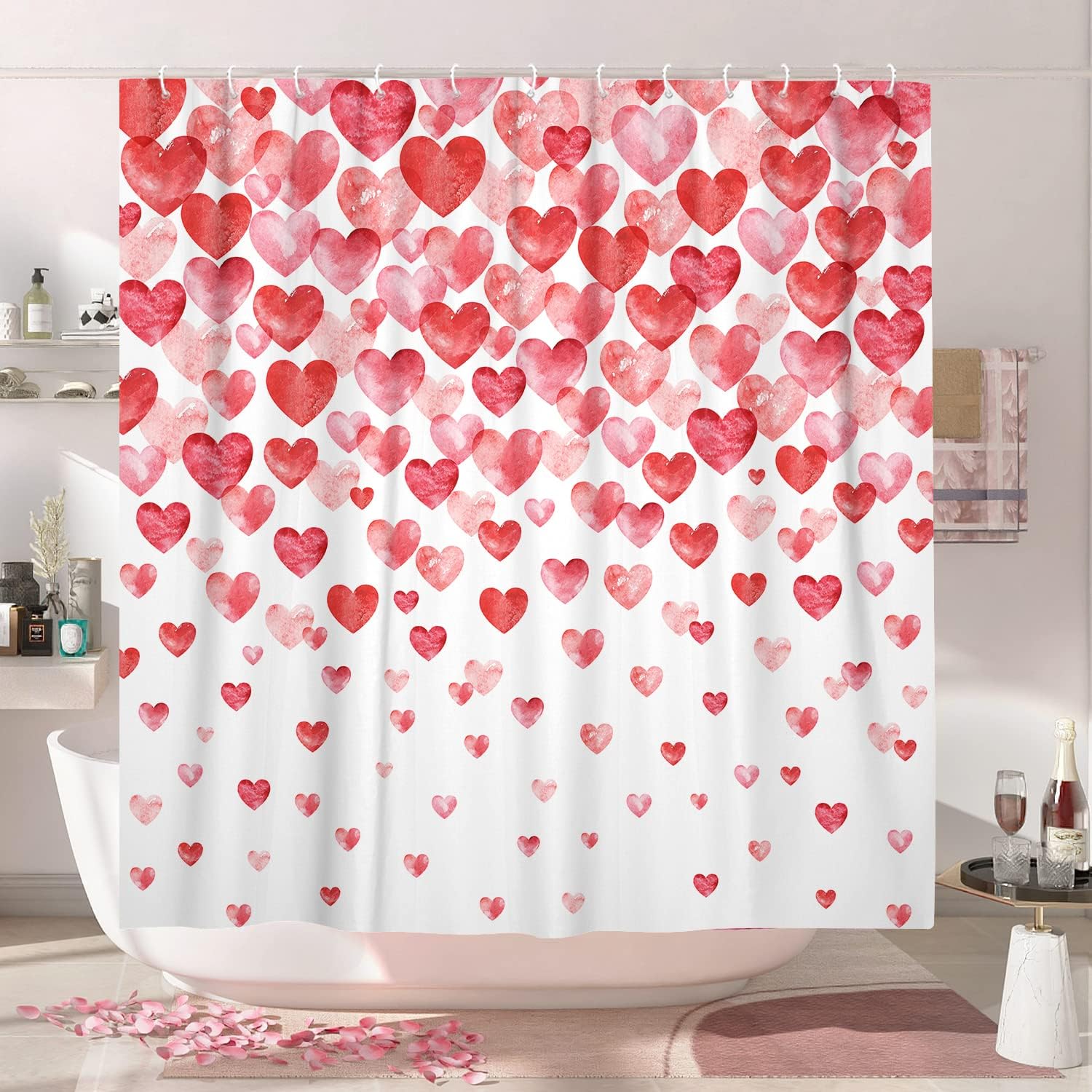 Valentines Day Shower Curtain, Watercolor Red Hearts with