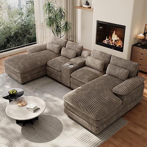 132" U Shaped Cloud Couch Sectional Modern Modular Sectional Sofa 4 Seat Couches for Living Room Comfy Corduroy Sofa with Double Chaise Lounge, Storage Central Console, Cup Holders, USB Port, Brown