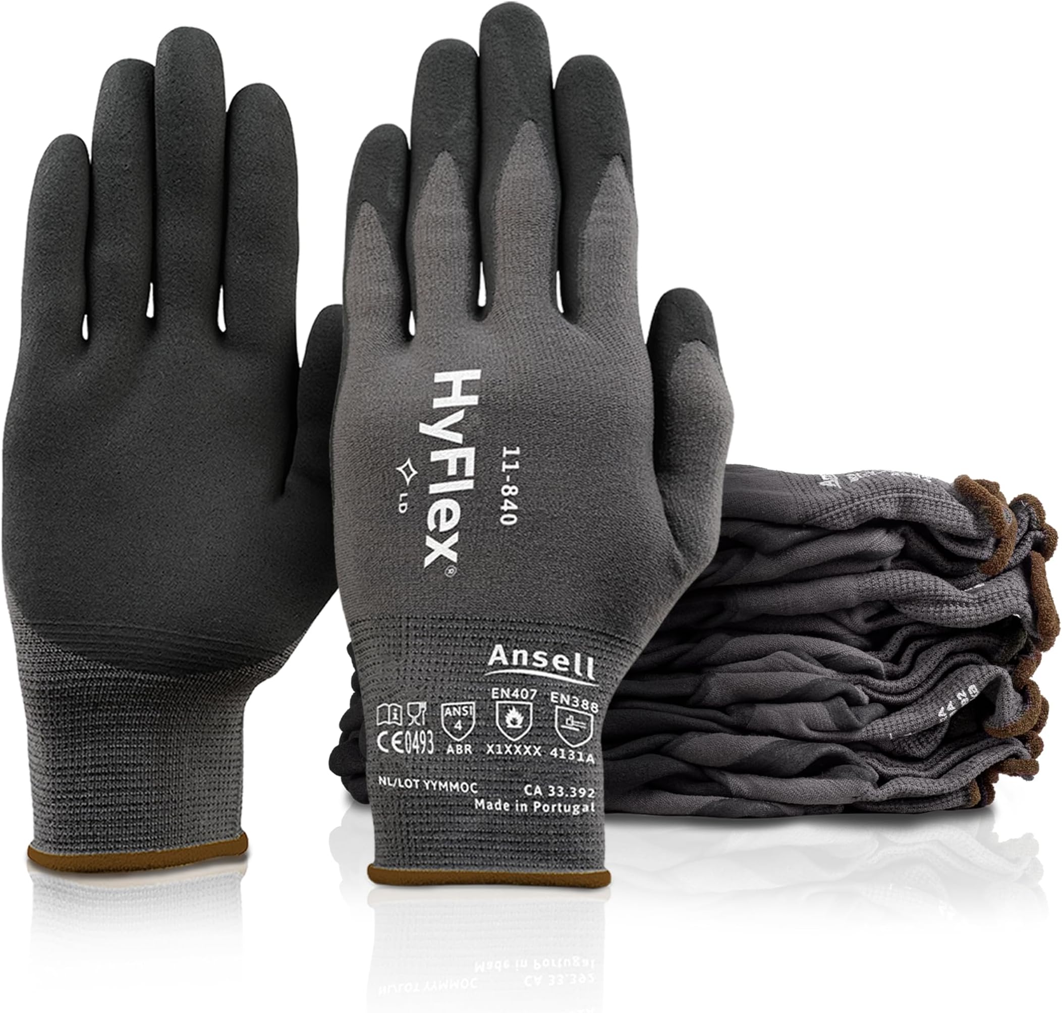 Ansell HyFlex 11-840, Professional Work Gloves, Abrasion Resistant Nitrile Coating with Firm Grip, Multipurpose Nitrile Gloves, Industrial Safety Gloves, Black Nitrile Gloves X-Large, 12 Pairs