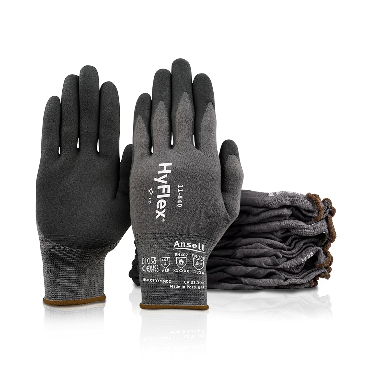 HyFlex Ansell 11-840 Ergonomic Abrasion-Resistant Nitrile Foam Industrial Gloves for Automotive, Fabrication, EMS, Utilities - Size 10, Black (12 Pairs)