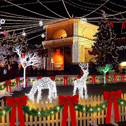 Miniatura 4 de Riceshoot Guirnalda de Navidad de 50 pies con luces y lazos rojos grandes, decoración de valla de Navidad, guirnalda de Navidad artificial con 8