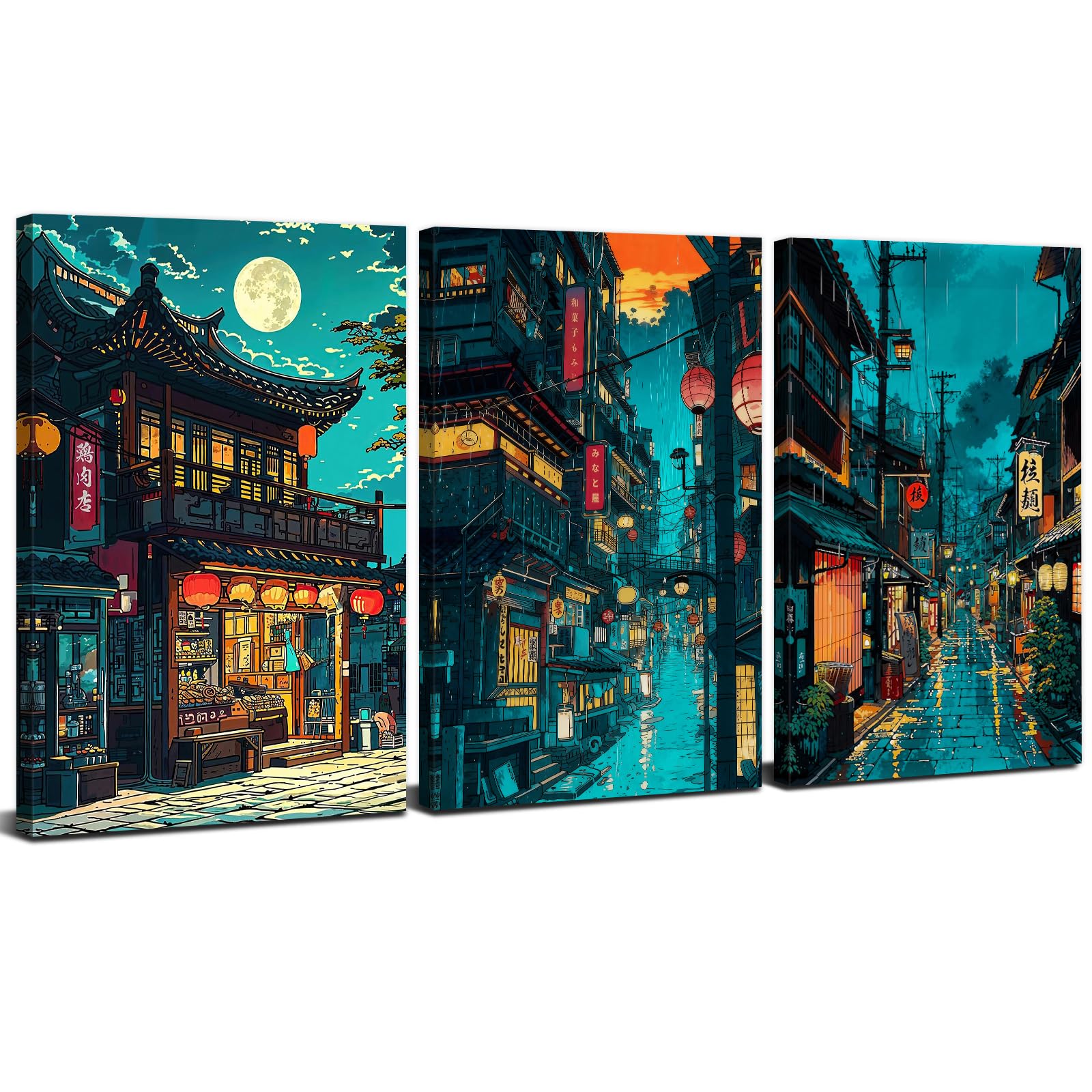 Set of 3 Japanese Wall Art Anime Pictures for Bedroom Abstract Tokyo City Landscape Canvas Posters Illustration Arts Prints Japanese Night View Paintings Artwork Home Living Room Decorations 12x16”