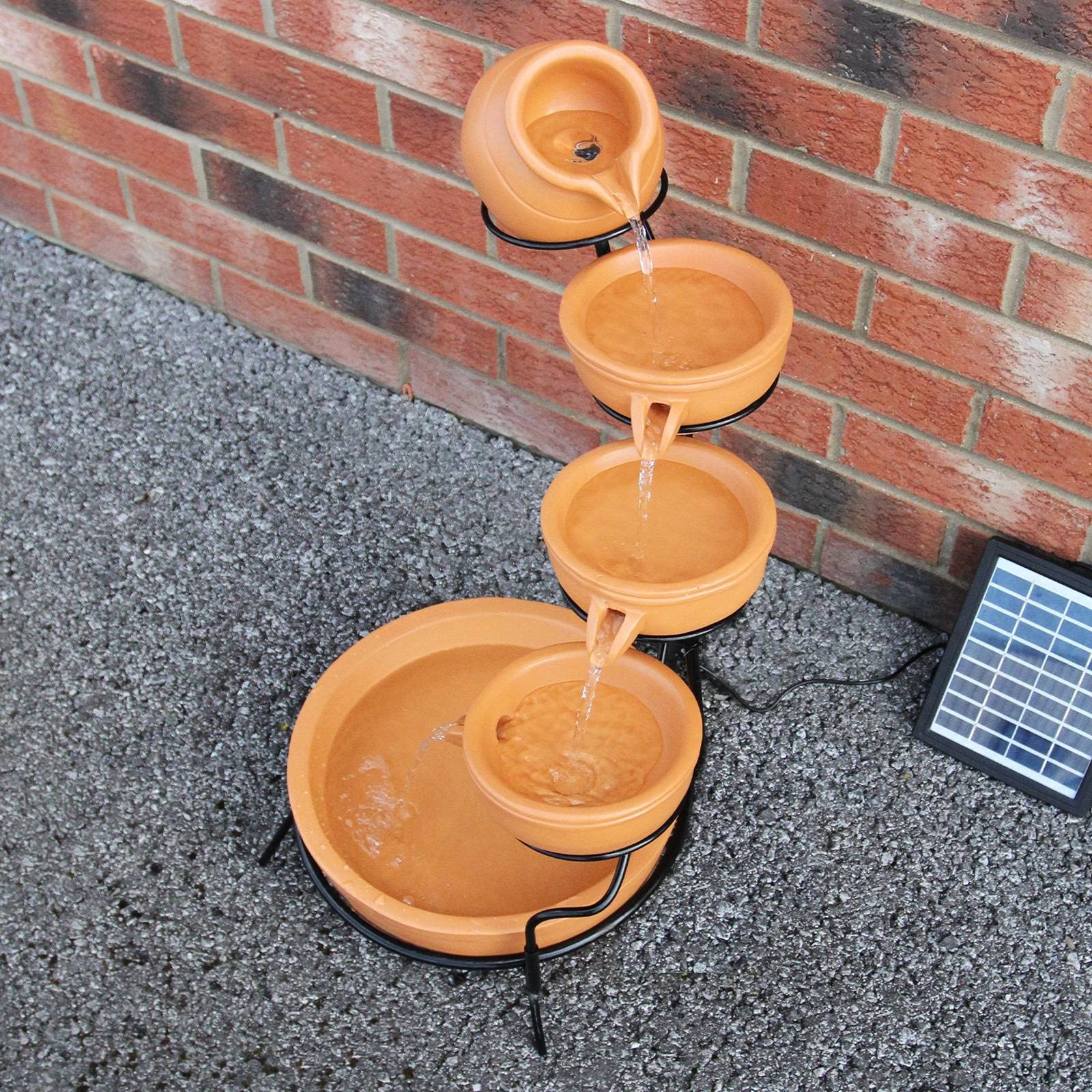 Fontaine Solaire en Cascade de jardin extérieure Terracotta - 4 Niveaux - Décoration Extérieure Jardin Terrasse Abreuvoir - Batterie de 6H Sans Soleil [Piquet de Terre avec Panneau Solaire INCLUS]