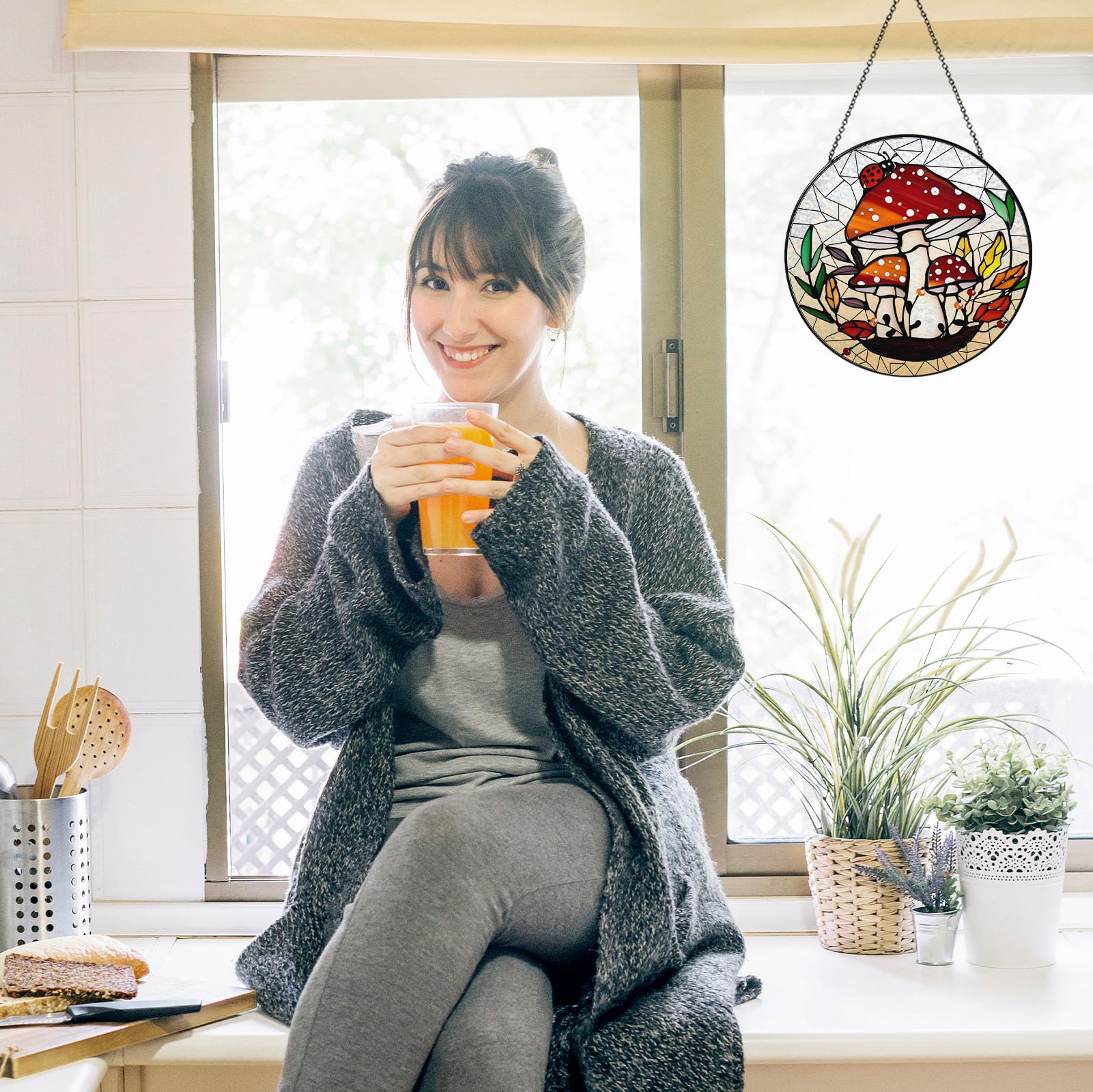 Attrape-soleil en verre teinté à suspendre pour femme - Décoration murale faite à la main - Cadeau de pendaison de crémaillère