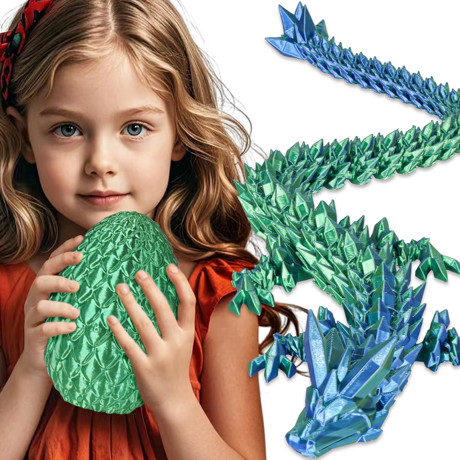 Olee Odee Dragon Egg with Dragon Inside 3D Printed Surprise Toys for Kids Adults Gifts Christmas Stocking Fillers Easter Desk Toy Office Room Decor, Christmas Green, L (H:7.1 in / 18cm)