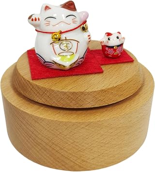 Briskfeel Rotating Lucky Cat Music Box | Ceramic Maneki Neko Figurine on Wooden Base Musical Box | Feng Shui Wealth & Prosperity Decoration | Desk Decor Good Fortune Gift Lucky Cat