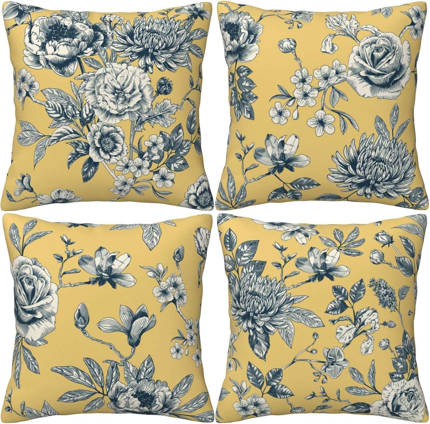 HOSTECCO Yellow Floral Toile Throw Pillow Covers 20x20 inch Set of 4 Toile Flowers Pillow Cases French Country Decorative Cushion Covers for Home Spring Decoration