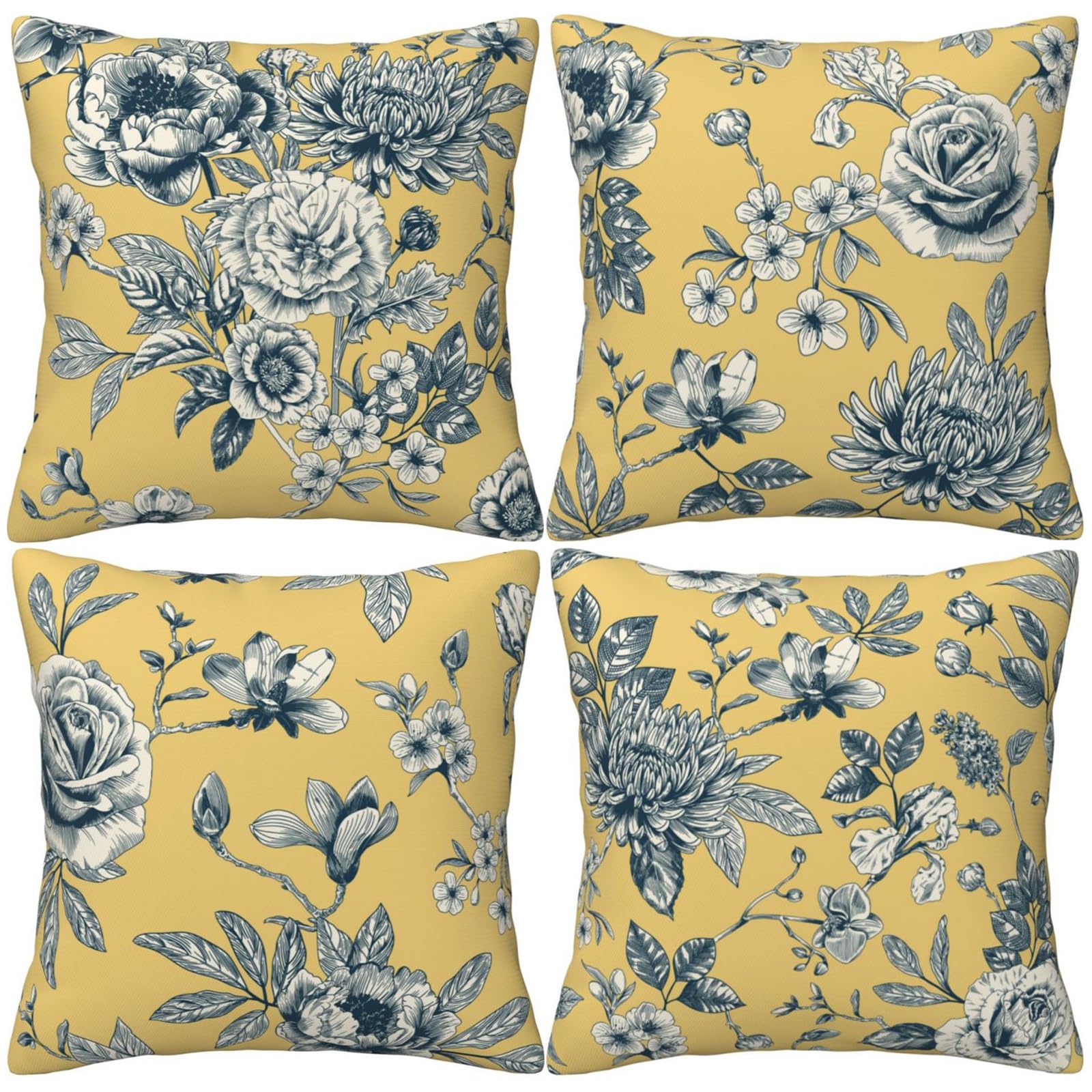 HOSTECCO Yellow Floral Toile Throw Pillow Covers 18x18 inch Set of 4 Toile Flowers Pillow Cases French Country Decorative Cushion Covers for Home