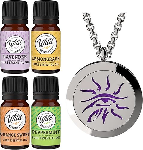 Wild Essentials - Juego de difusor de aceite esencial con lavanda, citronela, menta, aceites de naranja, 12 almohadillas de recambio, juego de