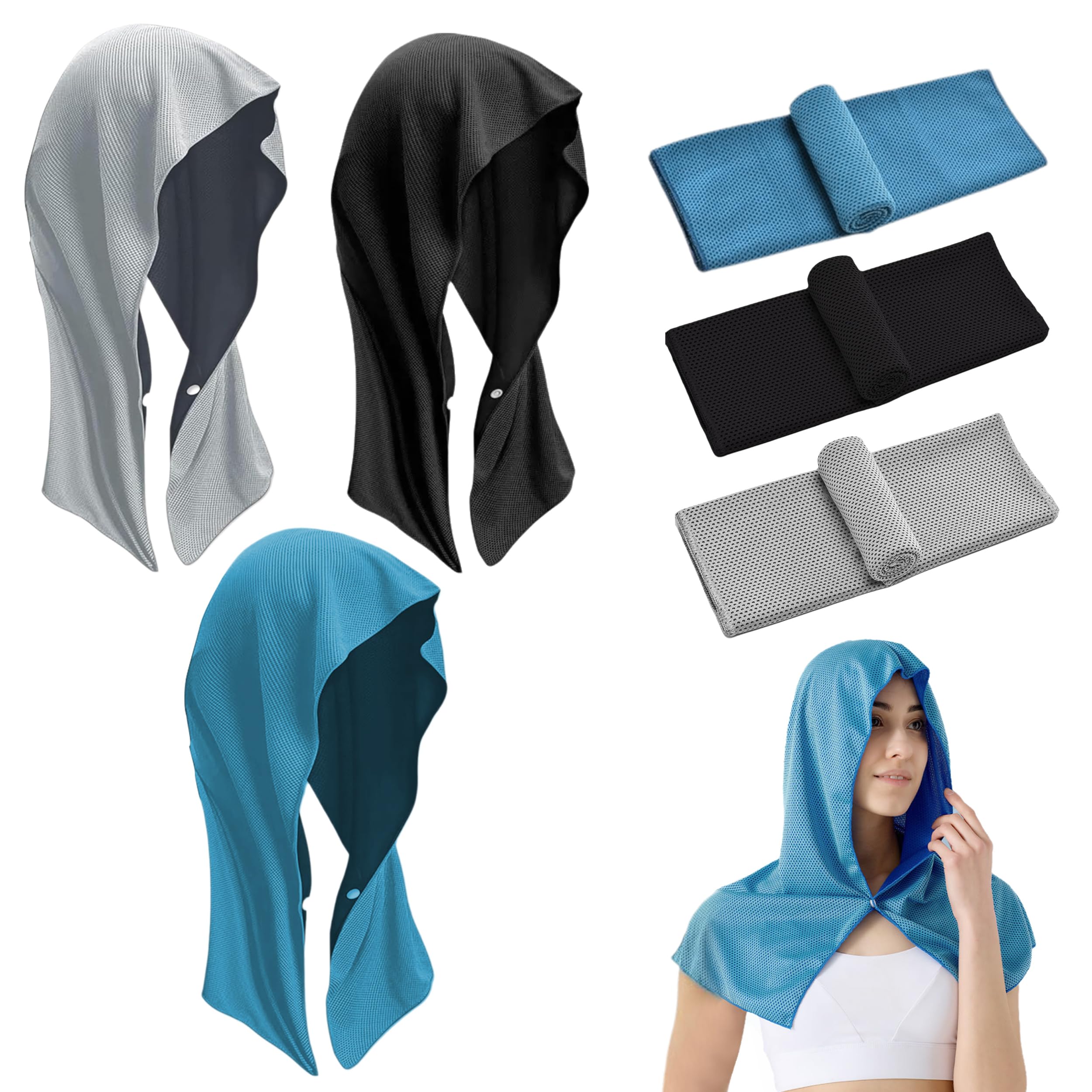 Piacolnic 6 Pcs Cooling Hoodie Towels, 2 Style Cooling Towel for Neck, Sun Protection Cooling Neck Wraps, Absorbent Quick Drying Cool Towels for Men Women Hot Yoga Travel Hot Weather