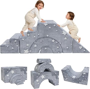 MeMoreCool Toddler Foam Climbing Couch Modular Kids Sofa with Slide & Stairs | Convertible Sectional Play Couch for Babies & Toddlers, GlowintheDark Stars, Soft Foam Playroom Furniture