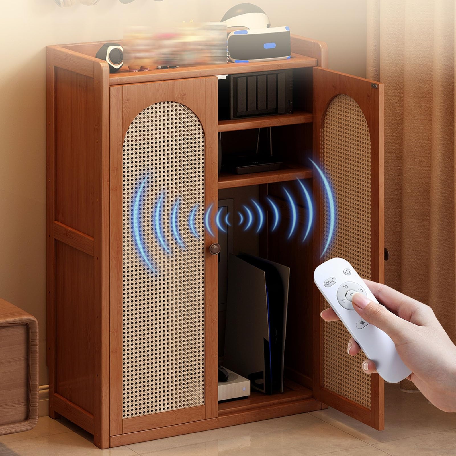 Wandregal Zur WLAN-Router-Halterung mit Verstellbaren Regalböden, Bodenaufbewahrungsbox mit Bambus-Akzenten, WLAN-Router-Schrank Aus Rattan