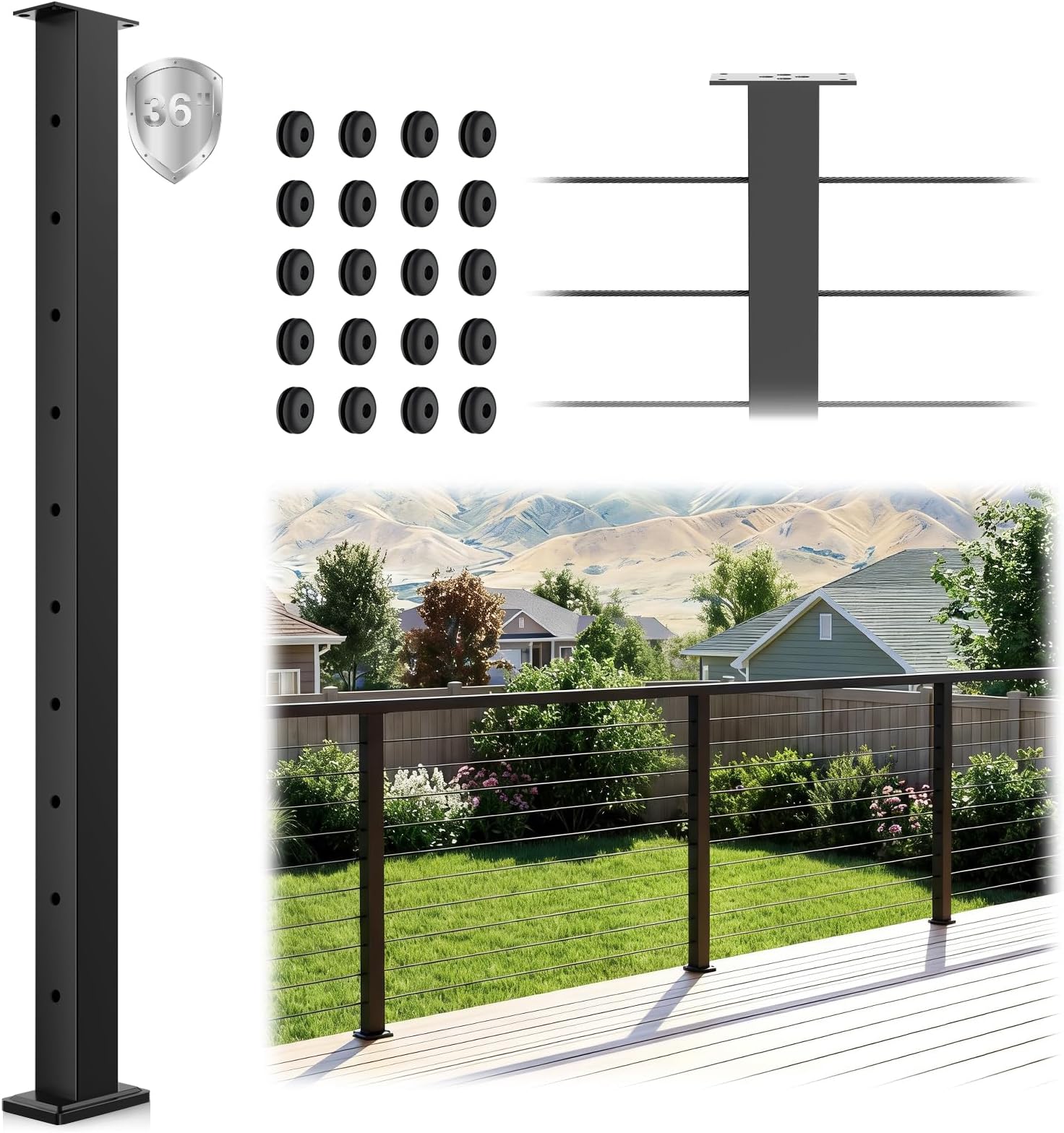 36" Black Cable Railing Post, Fixed Top Level Drilled Line Post with Cable Grommets, Surface Mount T304 Stainless Steel Wire Railing Handrail Post for Indoor Outdoor Deck Cable Railing System