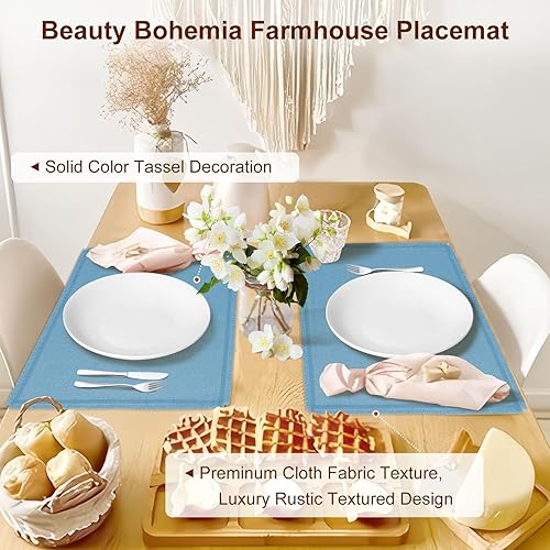 Miniatura 2 de Juego de 6 manteles individuales de tela tipo lino con borlas, estilo bohemio, lavables a máquina, resistentes al calor, sin arrugas, de poliéster