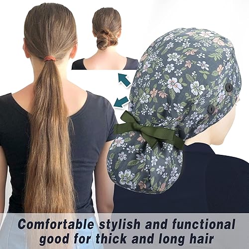 Miniatura 29 de ABAMERICA Gorras quirúrgicas para mujer, gorro de enfermera, soporte funcional para cola de caballo para cabello largo, individual o forrado