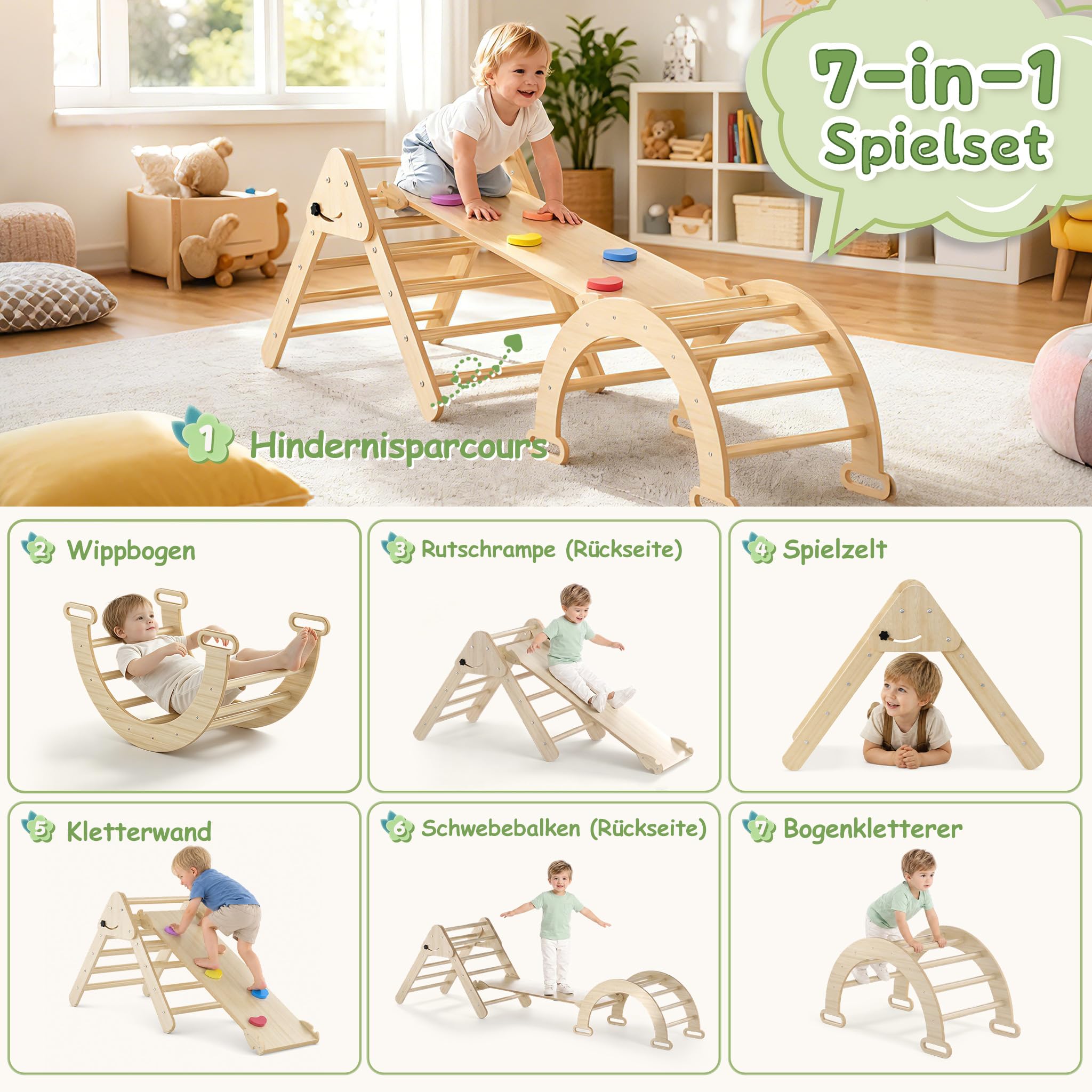 XMTECH Kletterdreieck mit Kletterbogen & Rutsche – 4 in 1 Holz Klettergerüst Indoor, Kletterspielzeug für Kleinkinder 1-3 Jahre, belastbar bis 40 kg, inkl. Kletterbrett & Motorik-Spielgerät