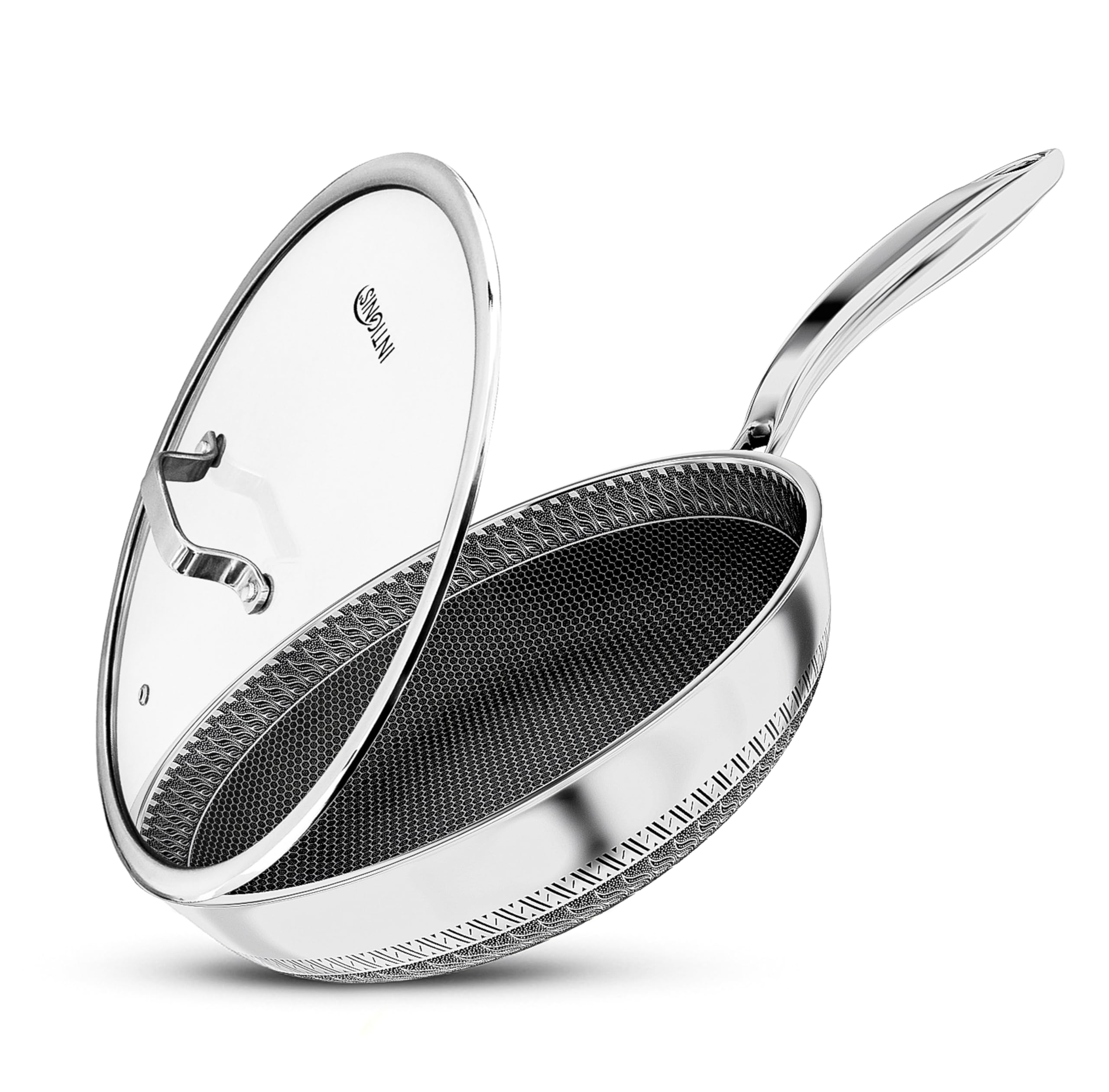 Premium Frying Pan with Lid – 28cm / 11" Extra-Deep Stainless Steel Skillet – Honeycomb Hybrid Design, GREBLON® Shield Technology, Scratch Resistant, Chemical-Free, Oven & Hob Compatible