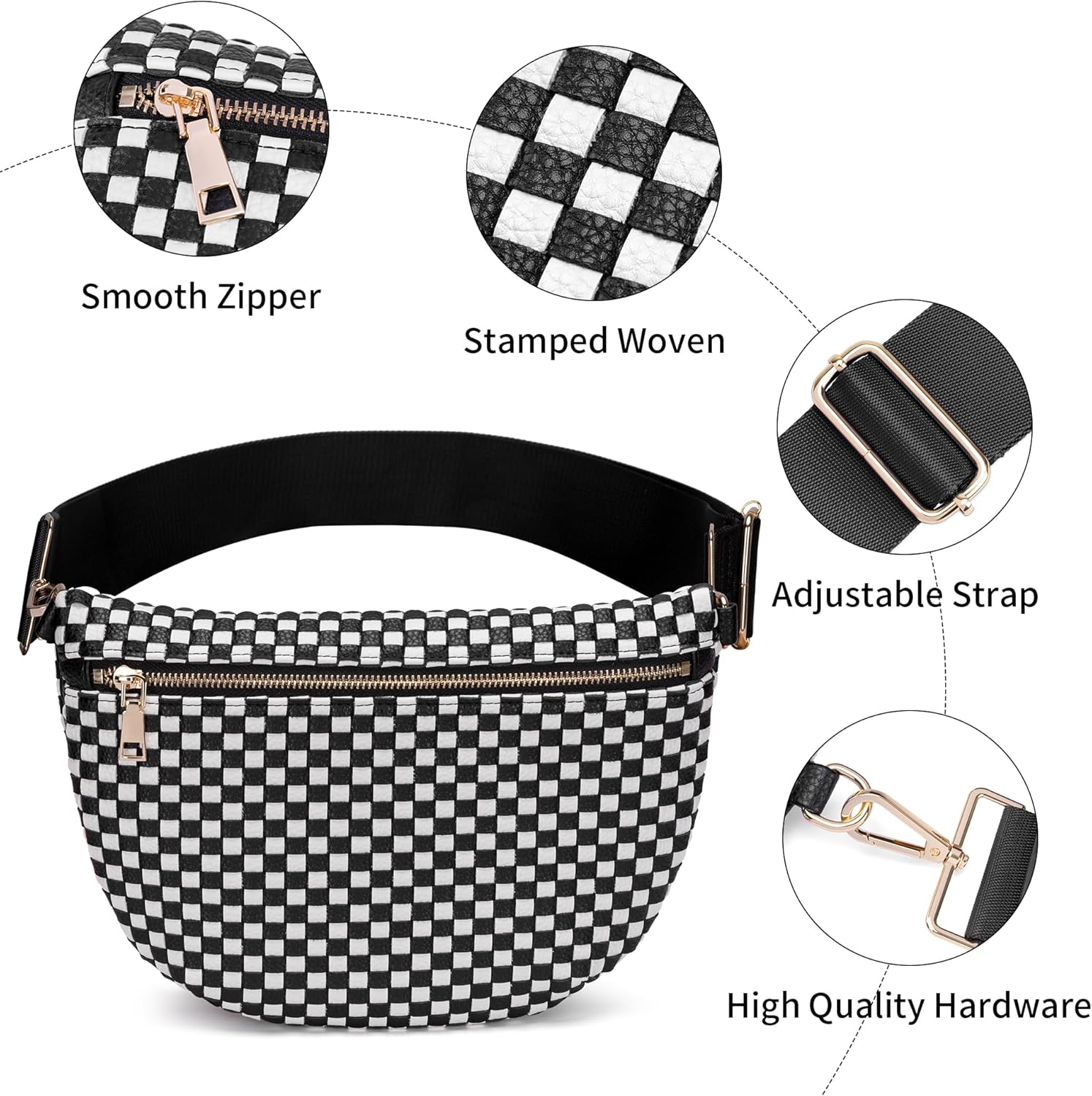 Woven Crossbody Bag Stylish Checkered Shoulder Bag for Women Vegan Leather Fanny Packs Bum Bag Sling Purses - Image 6