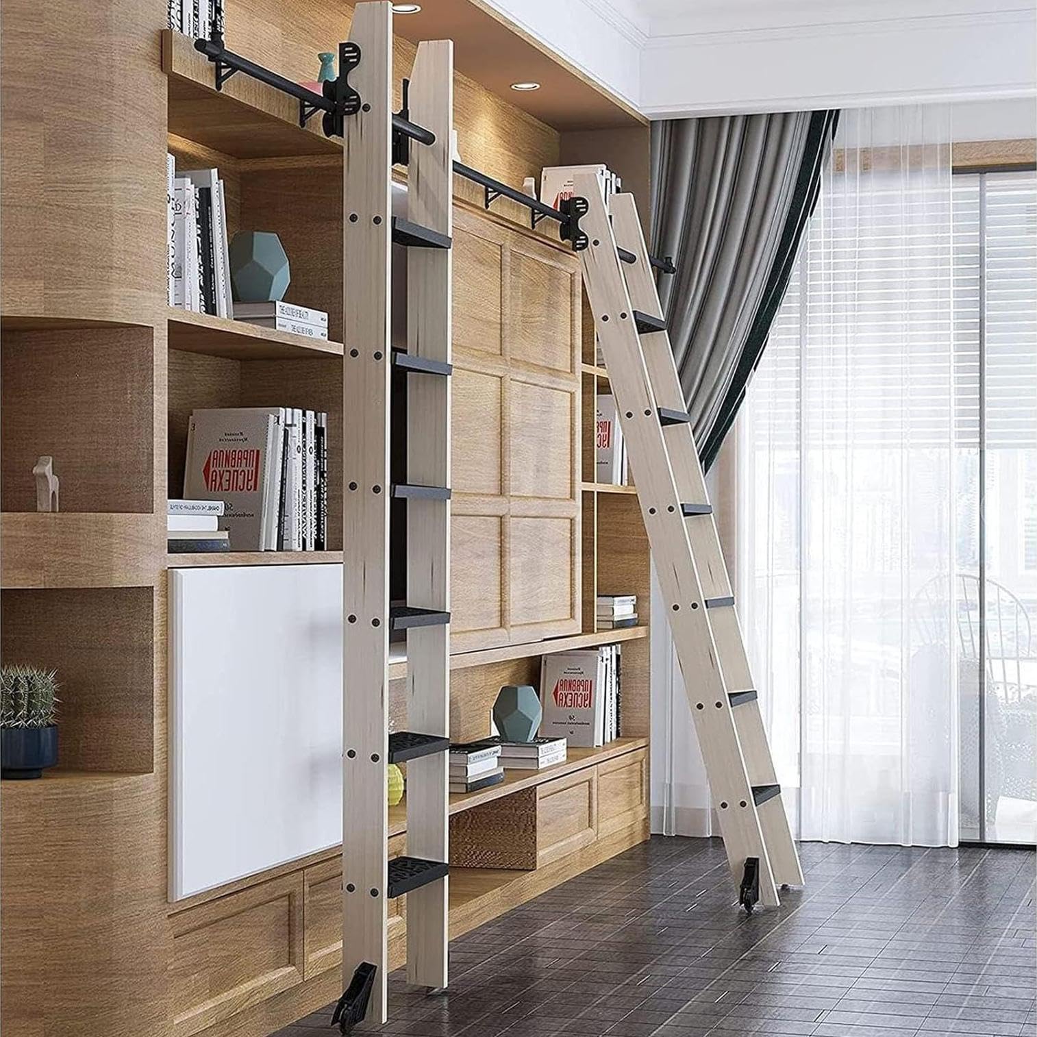 NIKSHI Retractable Rolling Library Ladder Hardware Kit - Sliding Track With Floor Roller For Vertical Storage, No Floor Space Required - Easy Install,9.8ft/300cm track kit