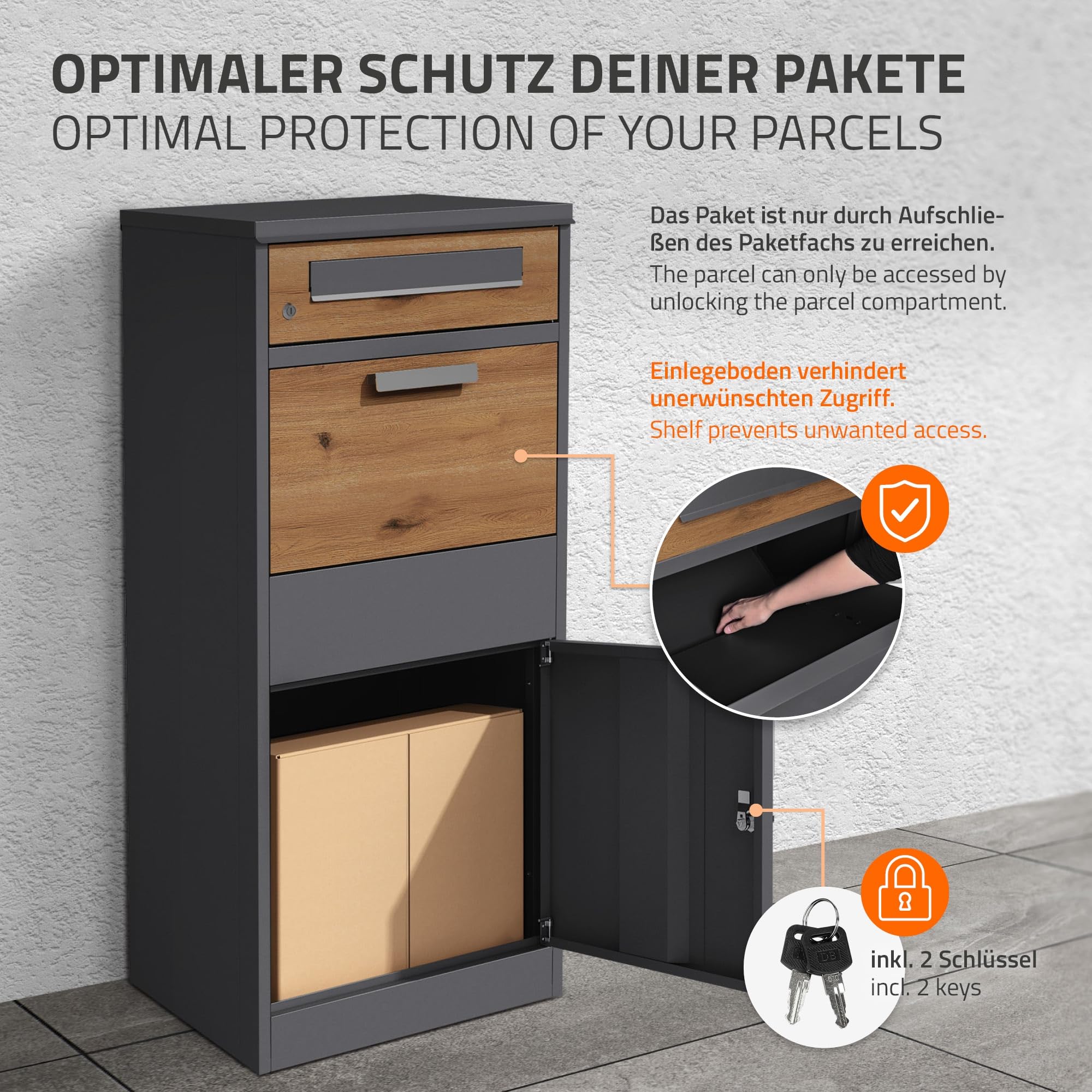 ML-Design Cassetta Postale per Pacchi da Esterno e Scomparto per Lettere 50x37x112 cm Serratura a 2 Chiavi in Acciaio Zincato Verniciato a Polvere Antracite Aspetto Rovere Resistente alle Intemperie