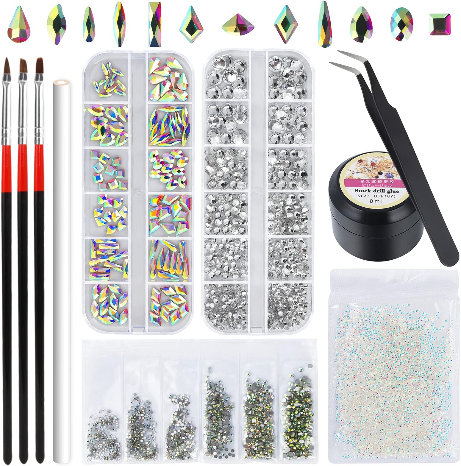 Artdone nail art Rhinestones 5000pcs+2000pcs+1728pcs+120pcs Multi Shapes Glass Crystal AB Rhinestones for nail gems with tools and nail rhinestone glue nail decoration and accessories kit.…