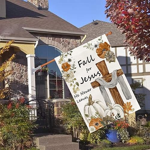 Miniatura 7 de Bandera de jardín con texto en inglés "Fall for Jesus He Never Leeds", banderas de cruz de otoño de 28 x 40 pulgadas, doble cara, bandera de