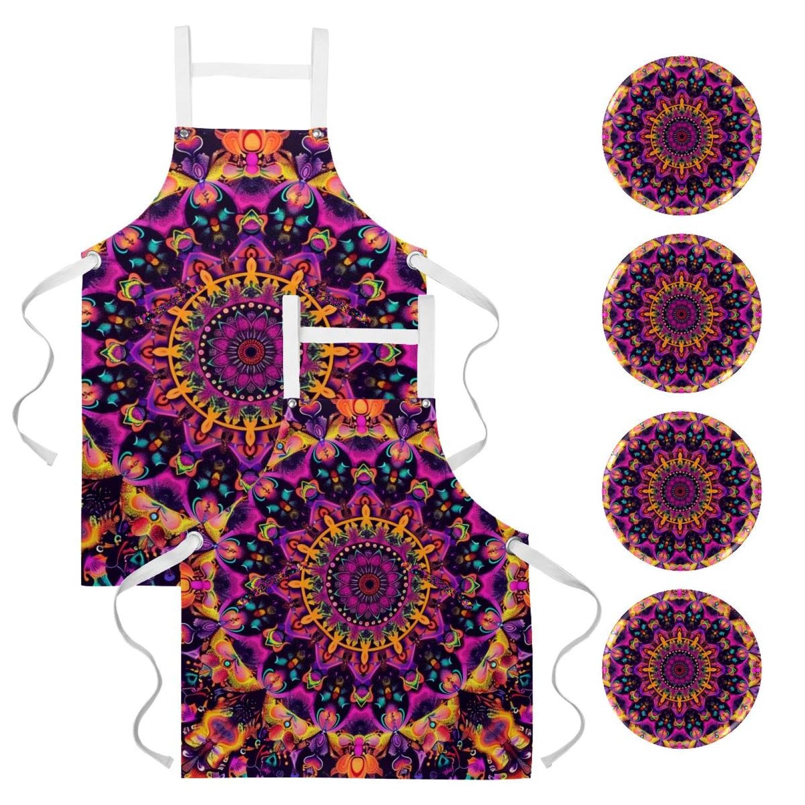 Lot de 2 tabliers de cuisine en lin pour homme et femme - Motif mandala psychédélique - Avec 2 poches réglables - Violet, Mandala psychédélique hippie violet,