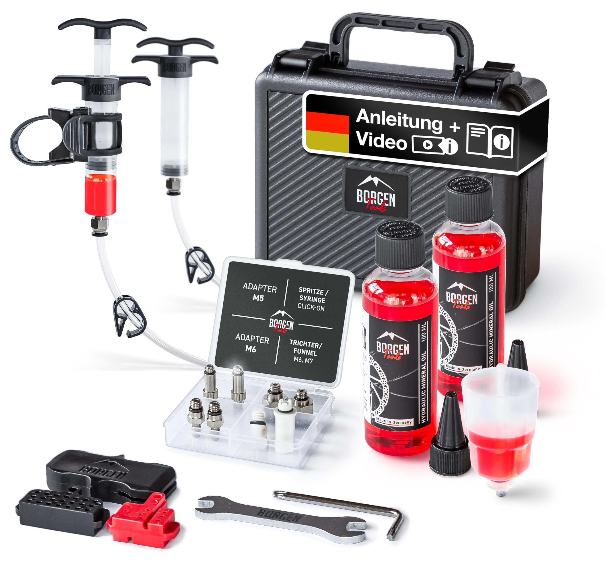 Borgen Entlüftungsset PRO für Shimano, Tektro und TRP Scheibenbremse Fahrrad - Entlüftungskit mit Anleitung, inkl 2X Mineralöl Bremsflüssigkeit, Brake Bleed Kit, Bremsen Entlüftungsset Fahrrad