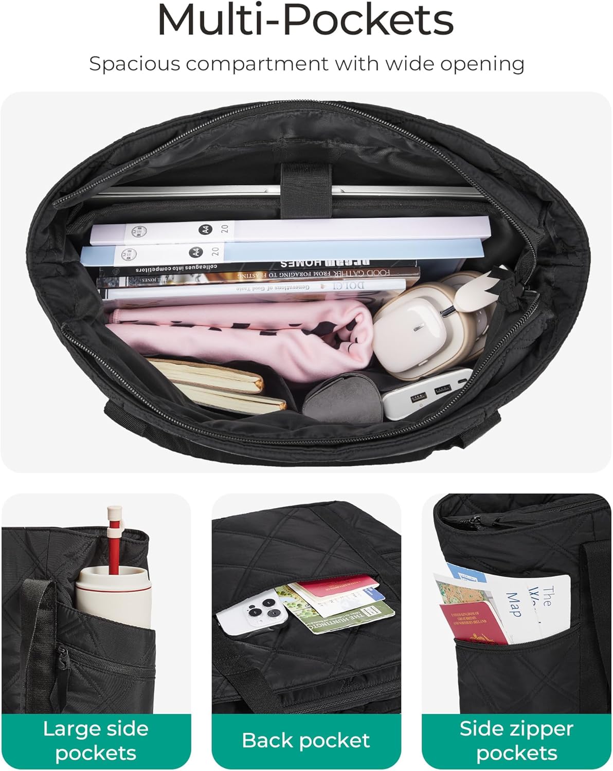 BAGSMART Crush Tote Bag for Women, 20L Puffer Work Tote with Zipper, Travel Essentials Quilted Nurse Hospital Bag - Image 5