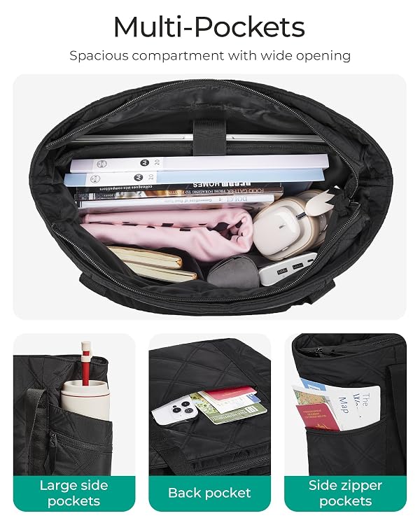 BAGSMART Crush Tote Bag for Women, 20L Puffer Work Tote with Zipper, Travel Essentials Quilted Nurse Hospital Bag, Charcoal by BAGSMART - Image 5