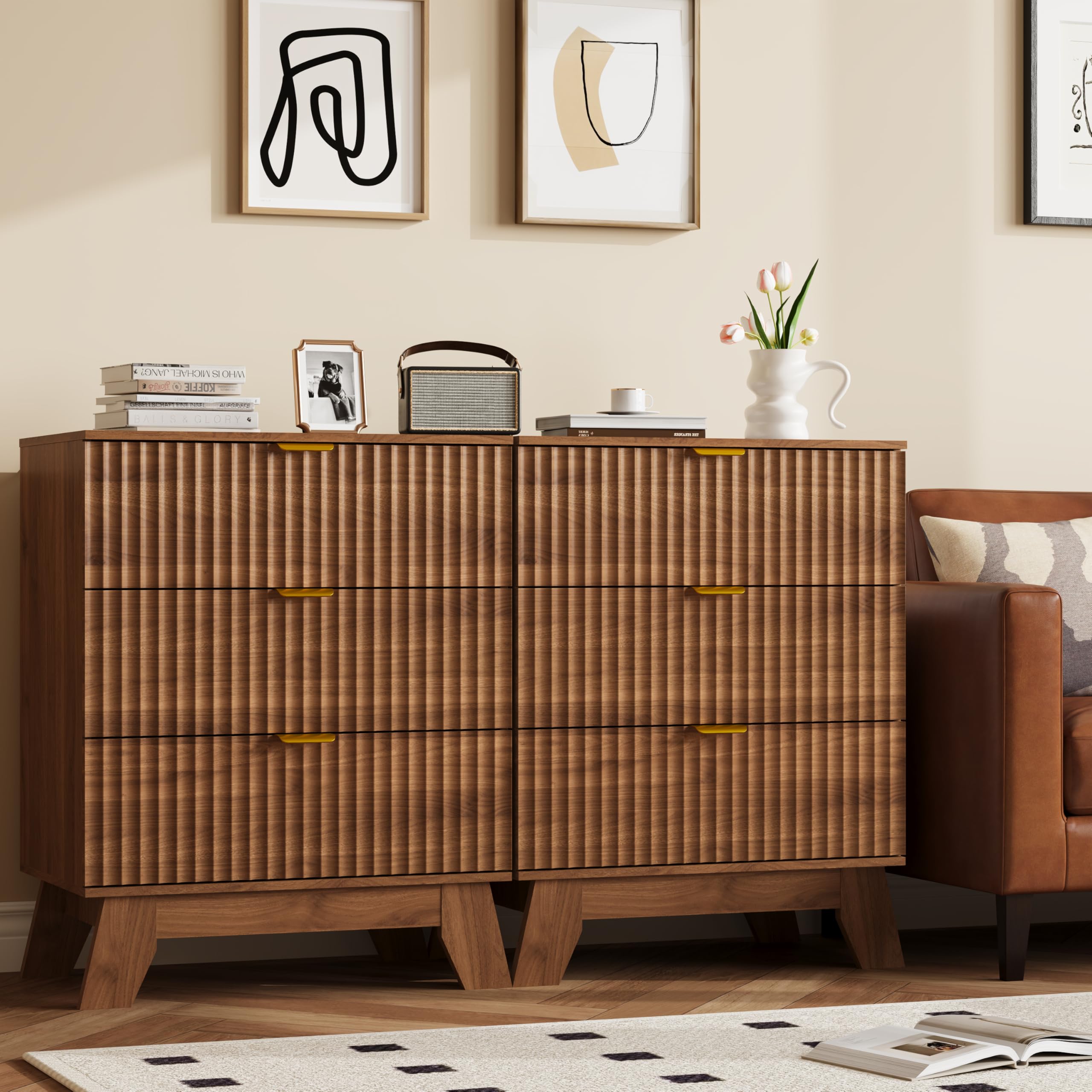 Fluted Nightstand Sets of 2 with 3 Large Drawers, Wooden Side End Table with Elevated Legs for Easy Cleaning, Sturdy Modern Beside Table for Small Space, Bedroom, Walnut, 24" L