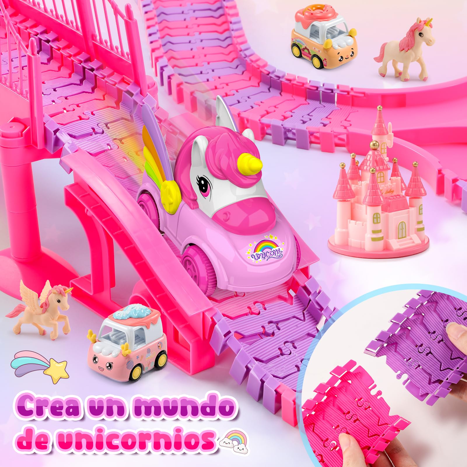 iKidiki Unicornios para Niñas 3 4 5 6 7 8 Años, Pista de Coches para Niños Regalo Juguetes Niña 3-8 Años Pista Coches Flexible Juguetes para Niñas Pistas Tiburon Niña Regalos Cumpleaños Niños