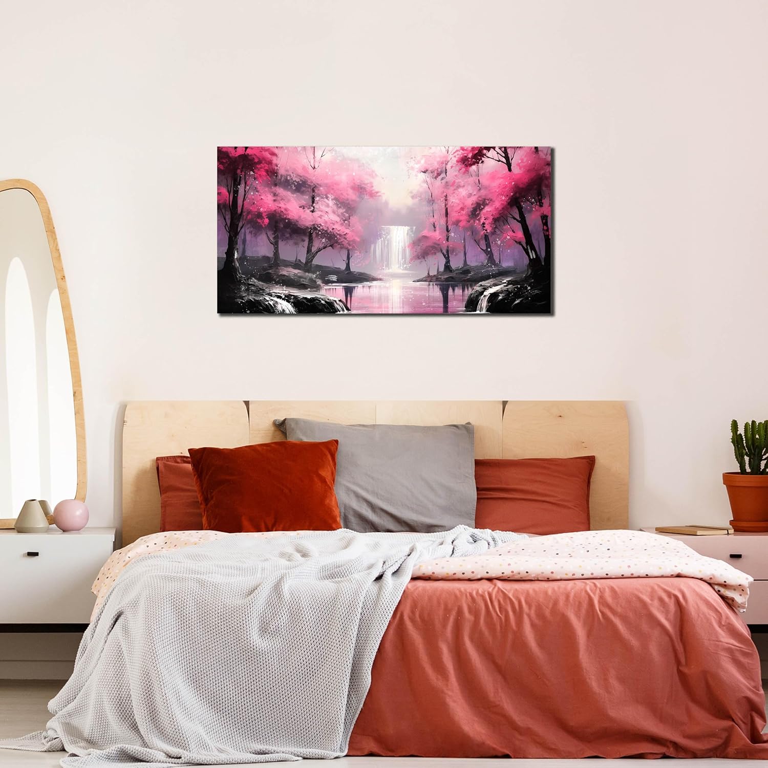 HUBOSKN Pink Wall Art for Bedroom Women - Tree Living Room Art Wall Decor - Waterfall Canvas Wall Art for Office Size 20" x 40"