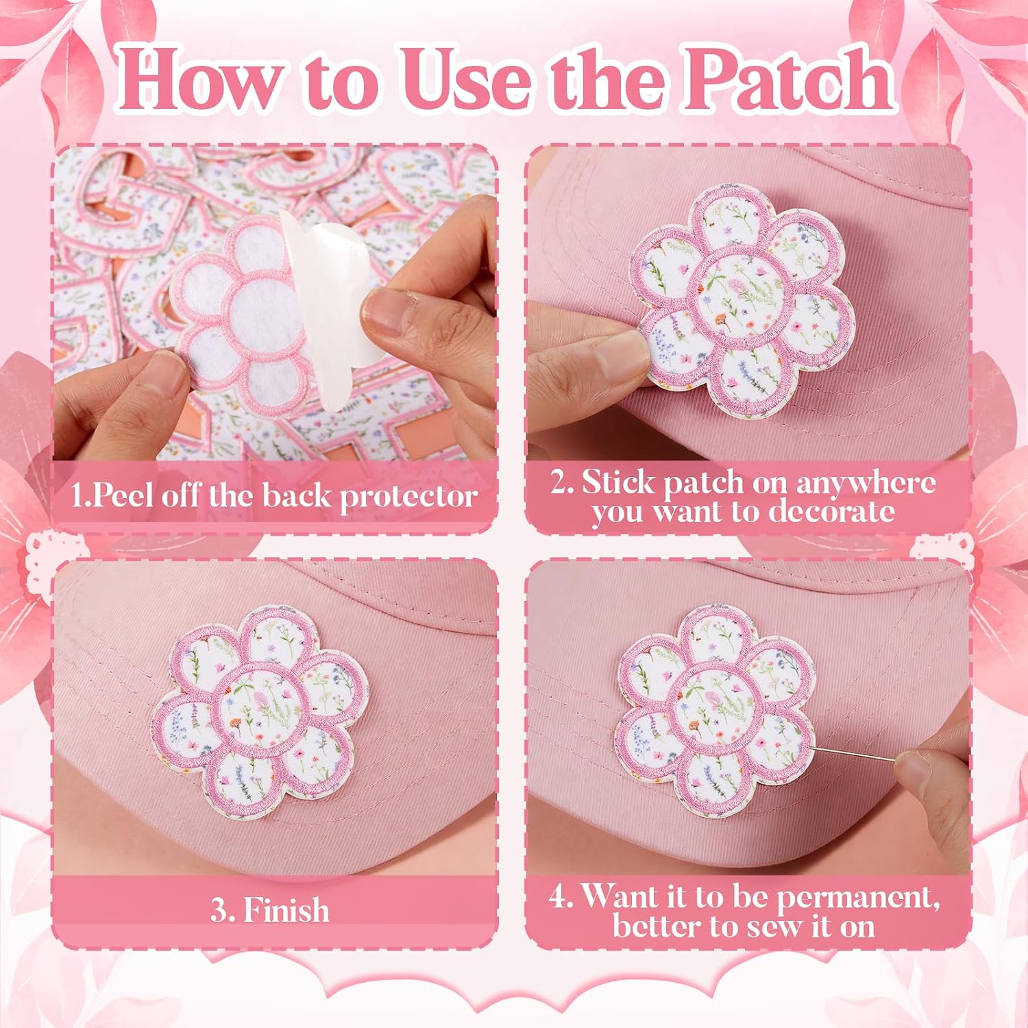 Tinlade 60pcs Pink Letter Patches Self-adhesive for Girls Clothing Pink Wildflower Letters Patch Stickers Cute Fabric A-z Alphabet Applique Patches Stick on Jackets Backpacks Hats Bags DIY Word Crafts